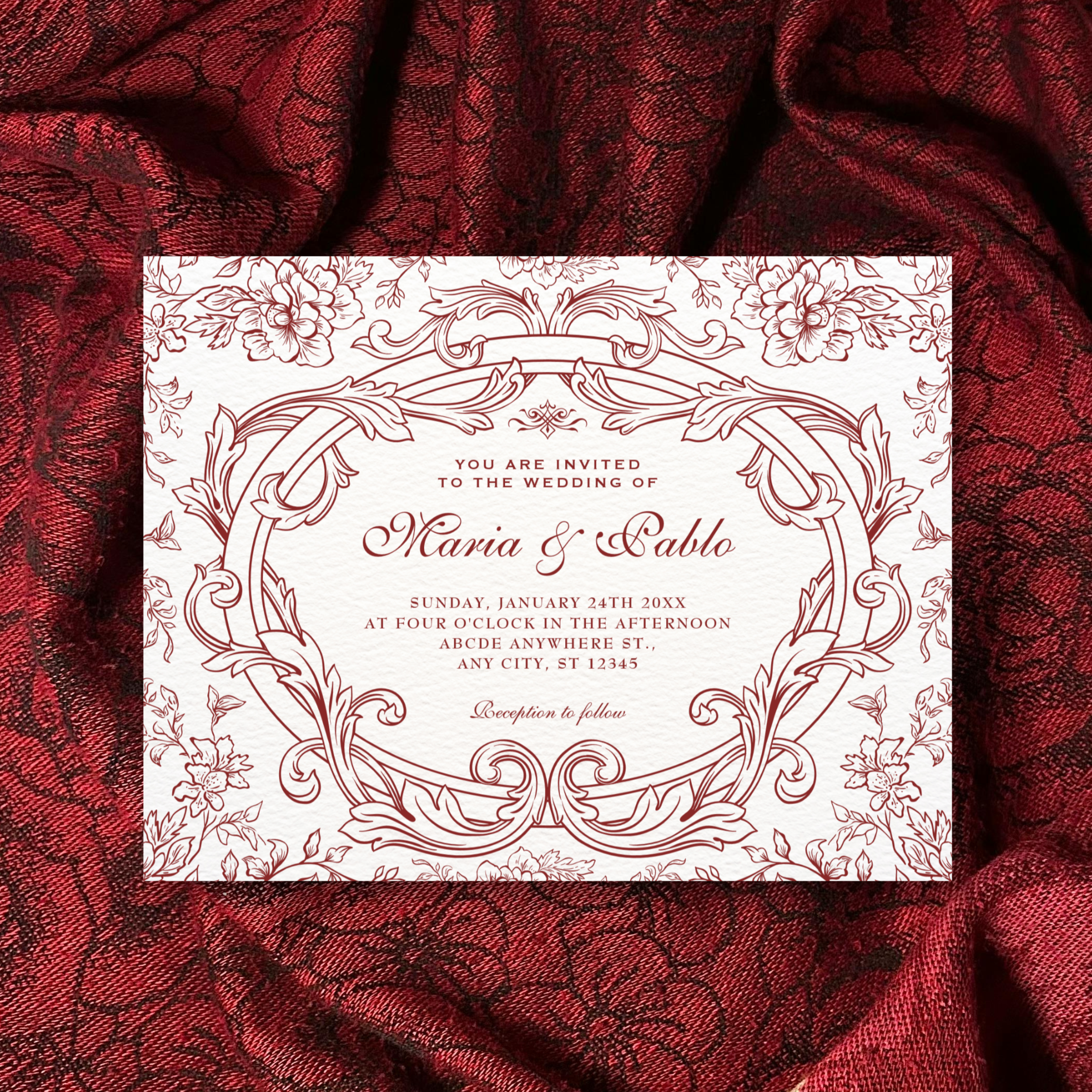 Red Floral classic vintage wedding Invitation