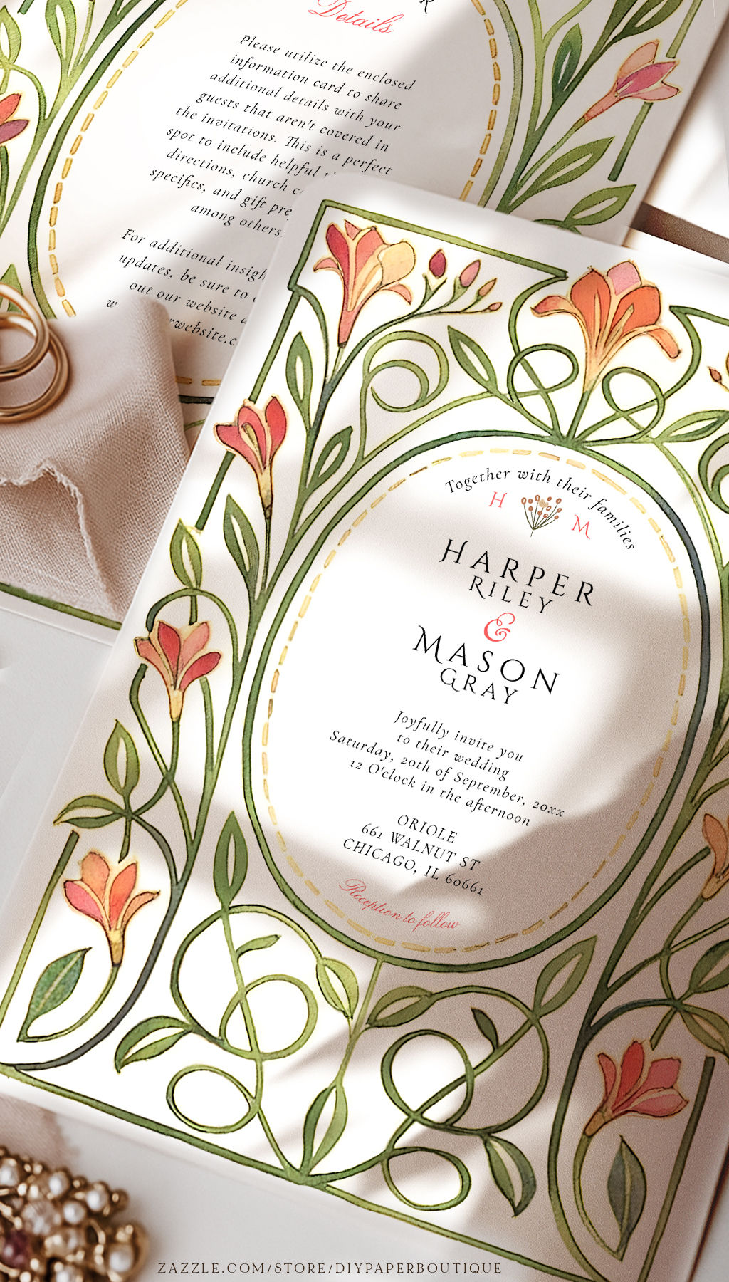 Coral Lily Wedding Invite