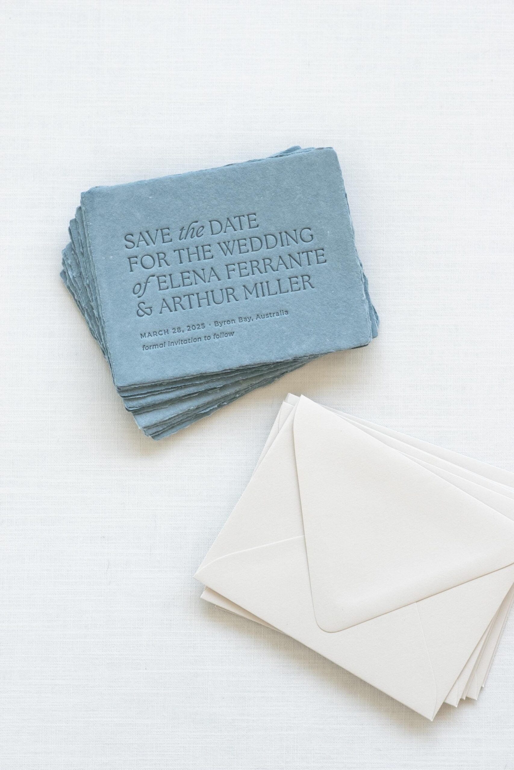 Letterpress Save The Dates and Envelopes, Semi-custom Wedding Card, Classic Blue Emboss Save-the-date, Minimalist Design