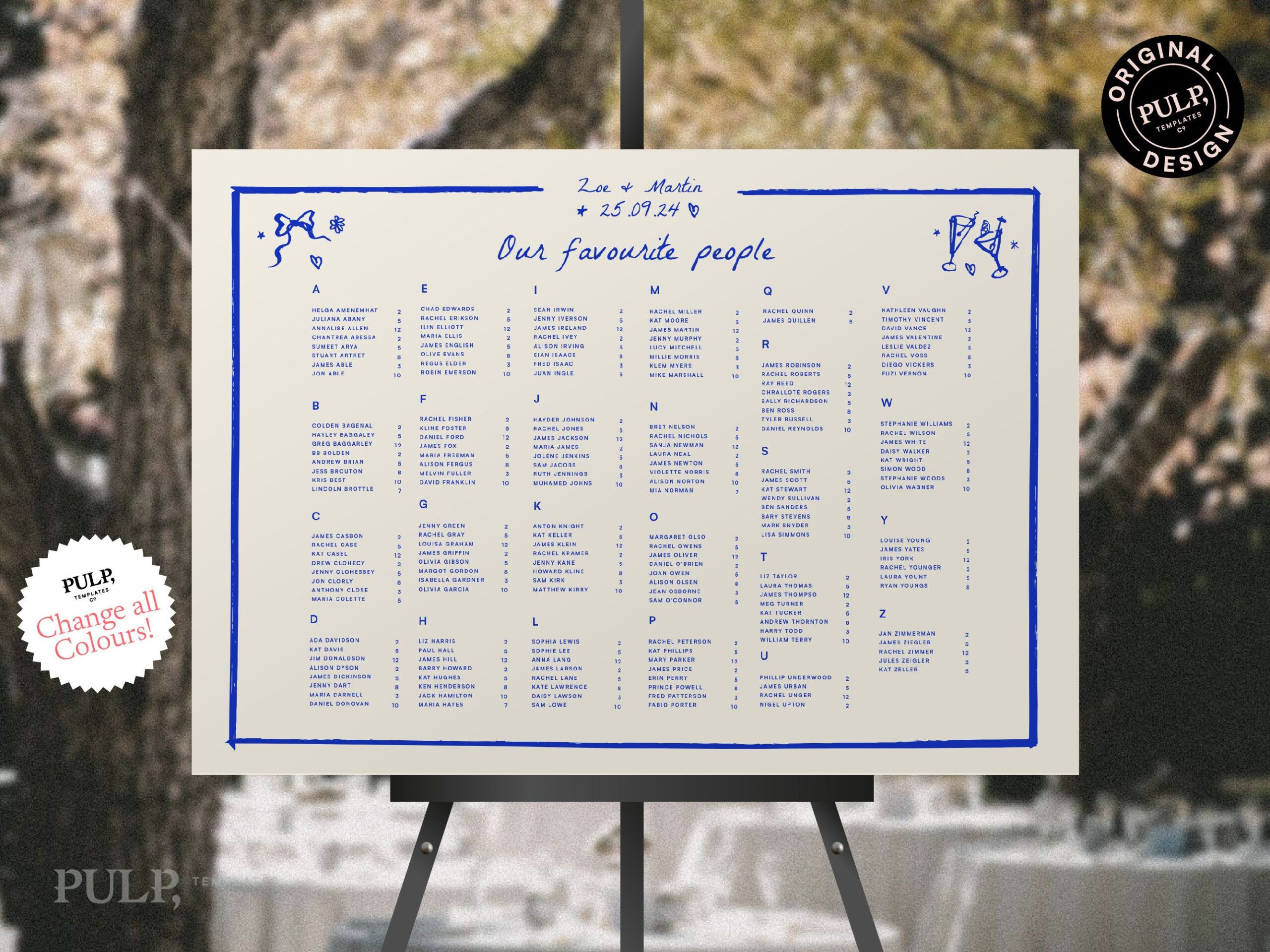 MODÈLE DE TABLEAU DES PLACES (alphabétique) | réception de mariage | signalisation manuscrite fantaisiste dessinée à la main | 0024