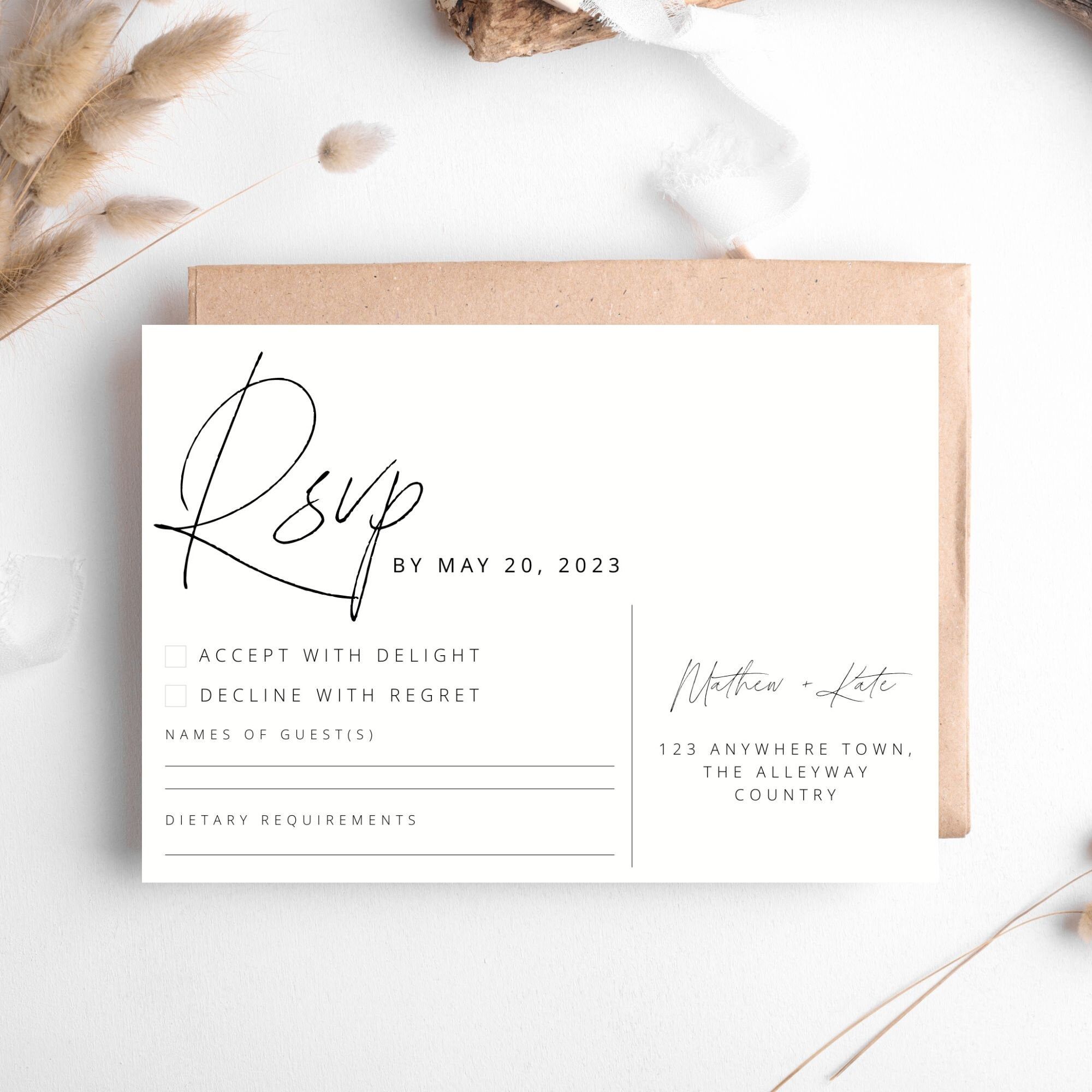 Wedding RSVP card template, RSVP card template, simple wedding response, black & white minimalist handwriting style RSVP, editable download