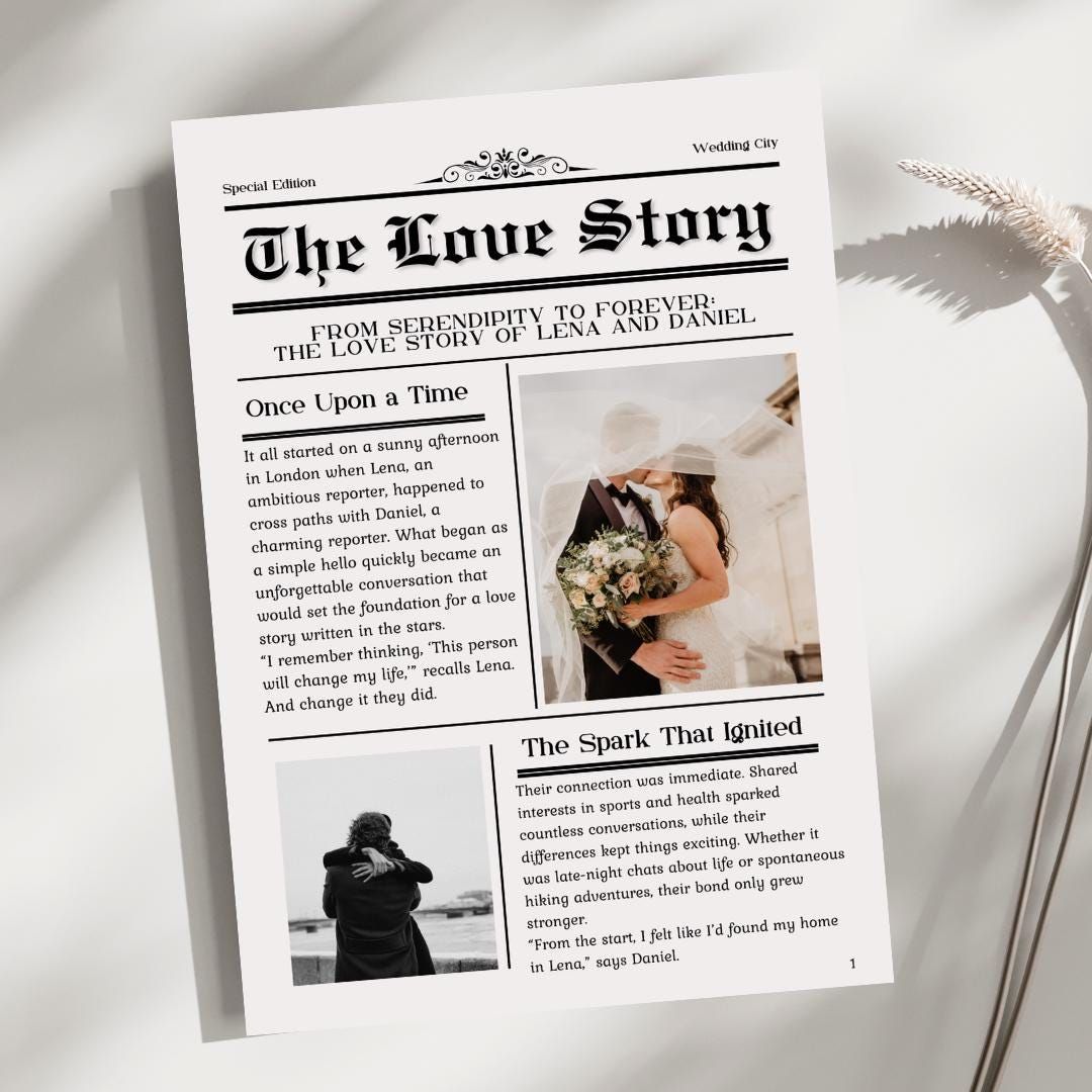 Anpassbare Vintage Hochzeitszeitung als liebevolle Druckvorlage