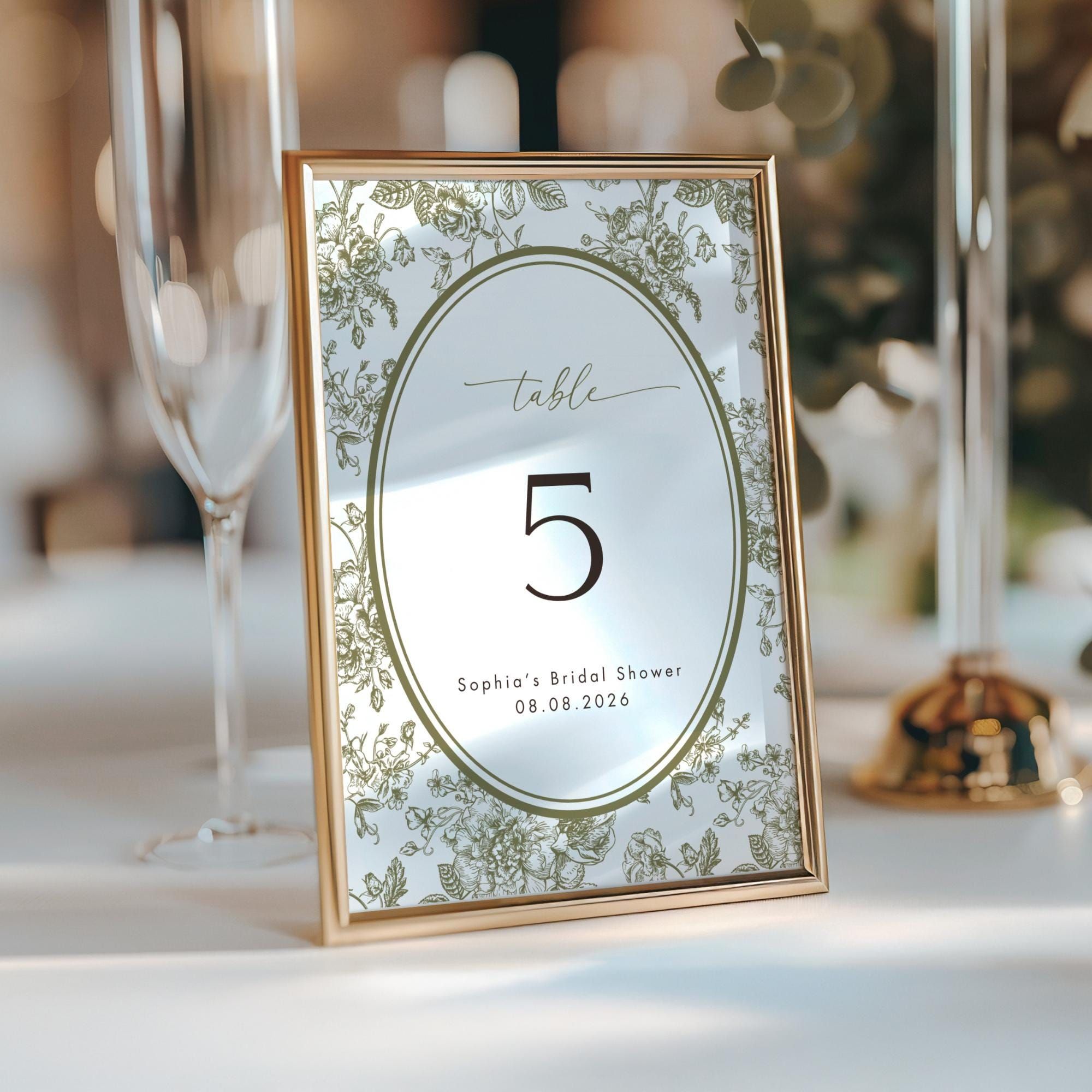 Modèle de conception de carte d’affichage de numéro de table de mariage en téléchargement numérique signe imprimable Design floral cadre vintage vert olive style botanique