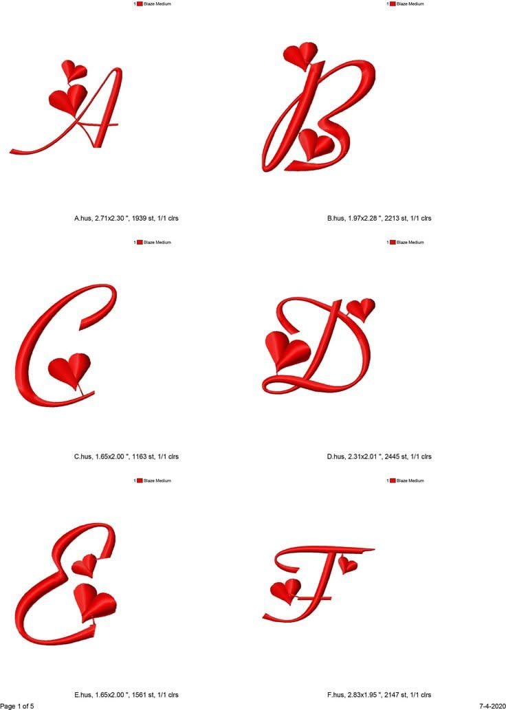 26 Alphabet Machine Embroidery Designs with Heart Accent for Personalization