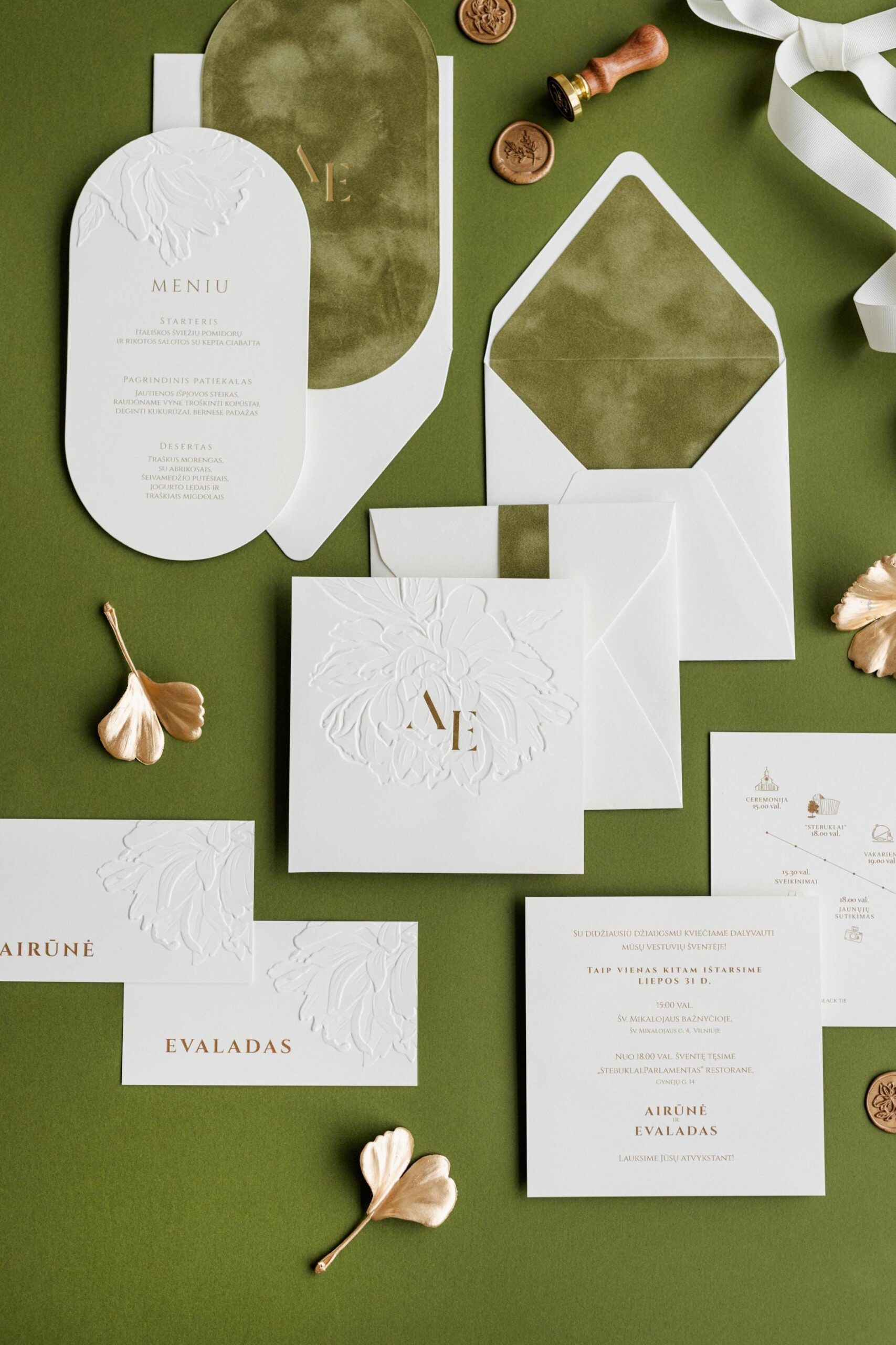 Numérique — Faire-part de mariage vert, faire-part de mariage, faire-part or, faire-parts de mariage estampés à chaud, monogramme feuille d’or