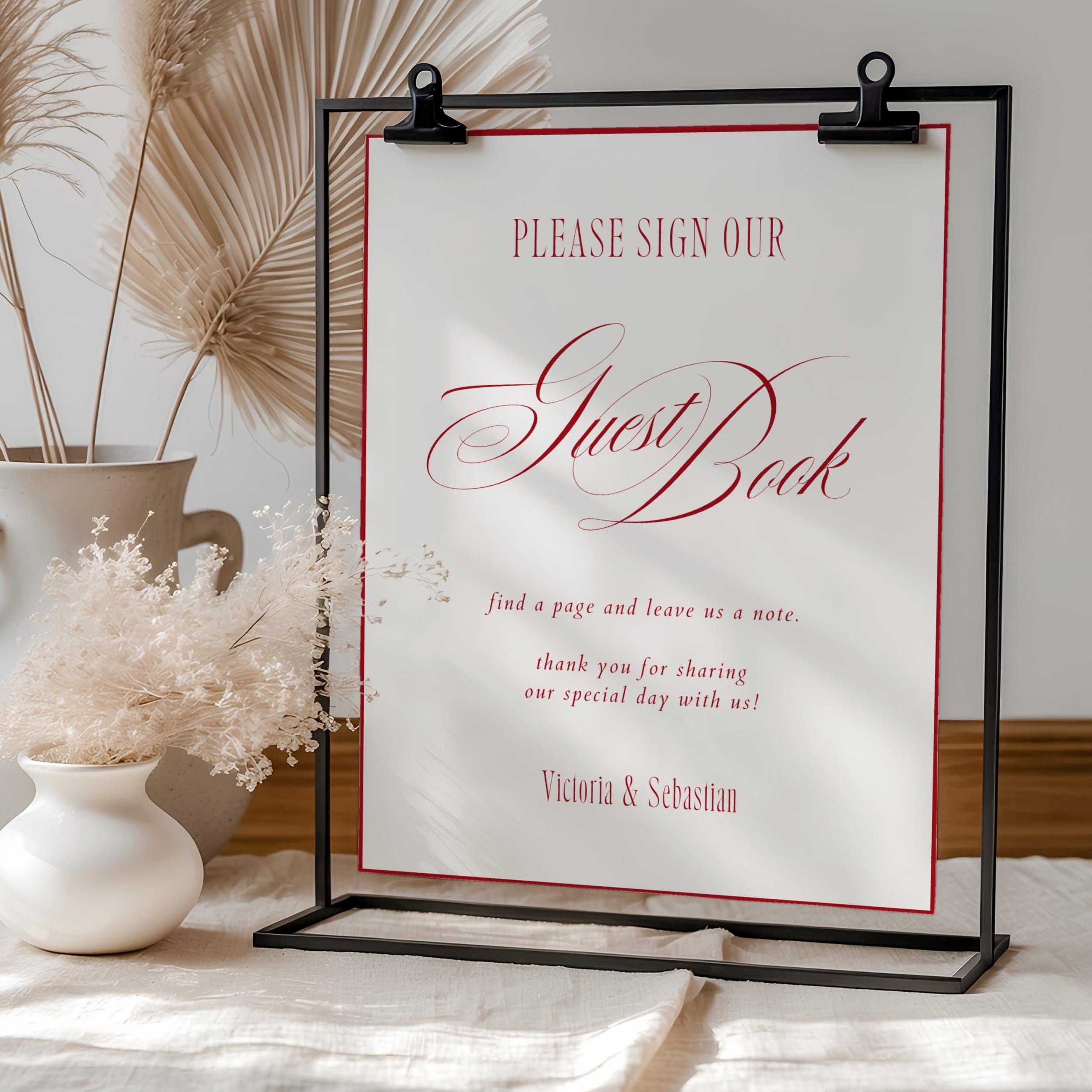 de luxe intemporelle de signe de livre d’or de mariage, signe de livre d’or romantique rouge, vieux argent élégant, veuillez signer notre livre d’or poster | Tori