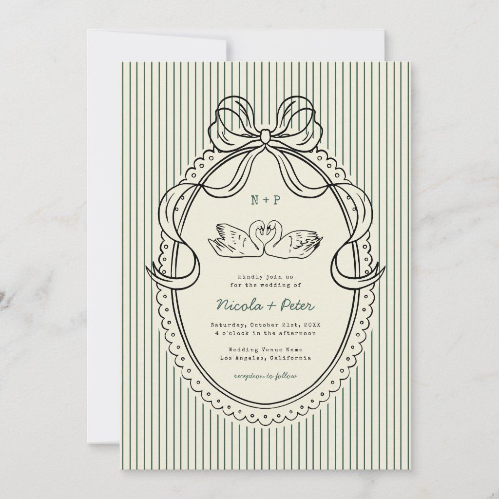 Vintage Hand Drawn Swan Green Stripes Wedding Invitation | Zazzle