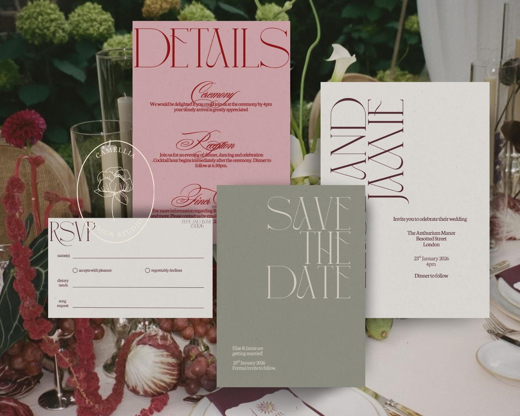 Suite élégante de faire-part de mariage | Ensemble de papeterie élégant et romantique | Invitations série Besotted, RSVP, Save the Date et menu