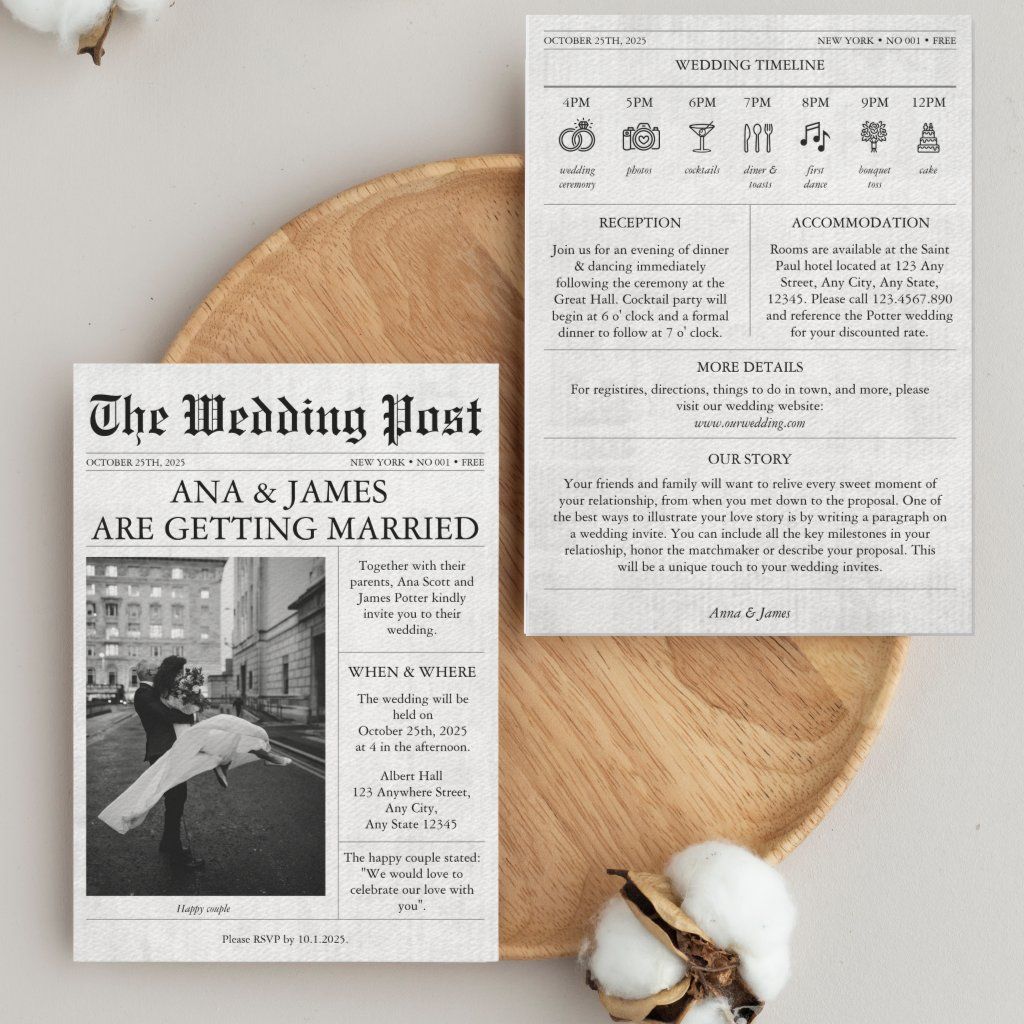 Newspaper Wedding Invitation Details Timeline Cute | Zazzle