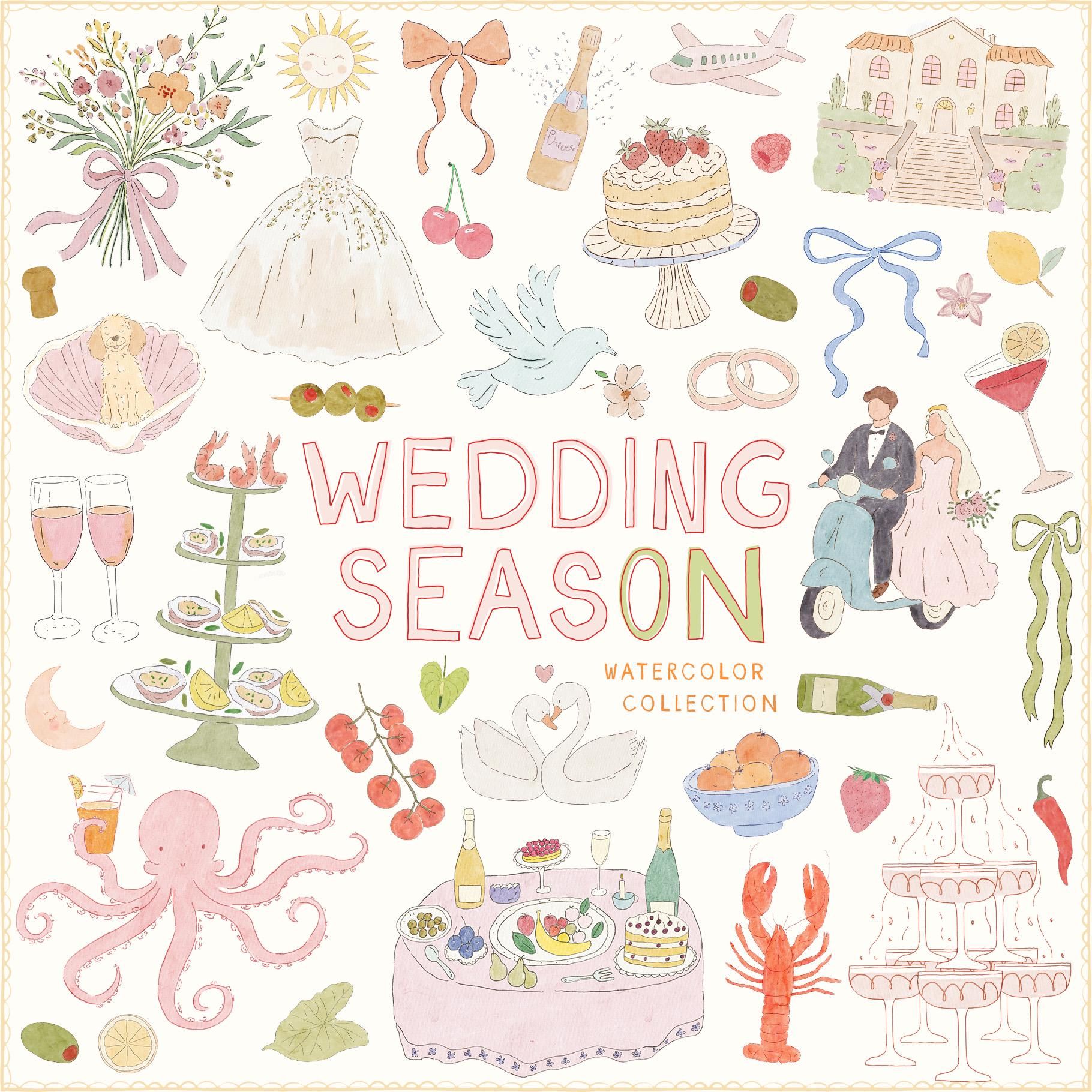 Illustrations de mariage fantaisistes à l’aquarelle dessinées à la main, gribouillages estivaux Dolce Vita, icônes italiennes pour faire-part de menu, modèles de toile originaux