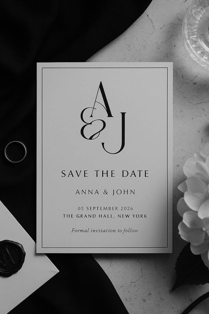 Save the Date Wedding Card * Minimalist Monogram Invitation * Black and White Design * Printable We