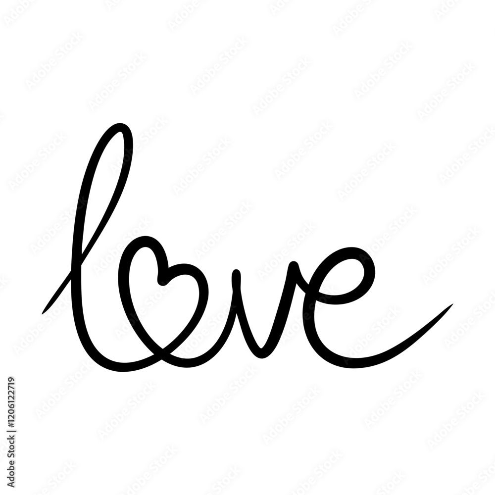 Love word in continuous line script cursive text with small heart drawing. Hand lettering vector illustration for wedding invitation, Valentines day card, poster, banner. Hand drawn love word. Stock-Vektorgrafik