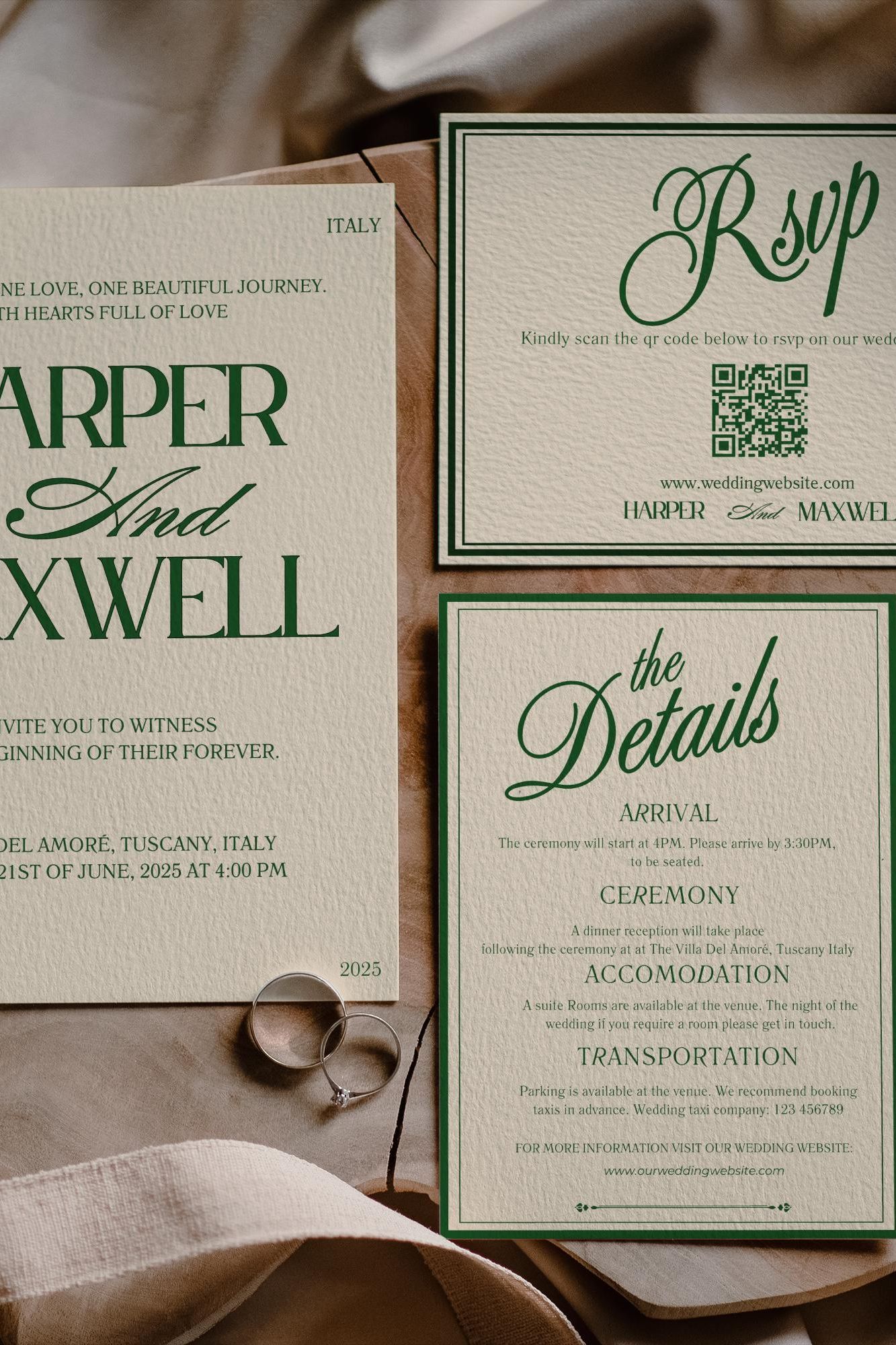 Forest Green Wedding Invitation Suite: Elegant Old Money Style (Canva Template Digital Download)
