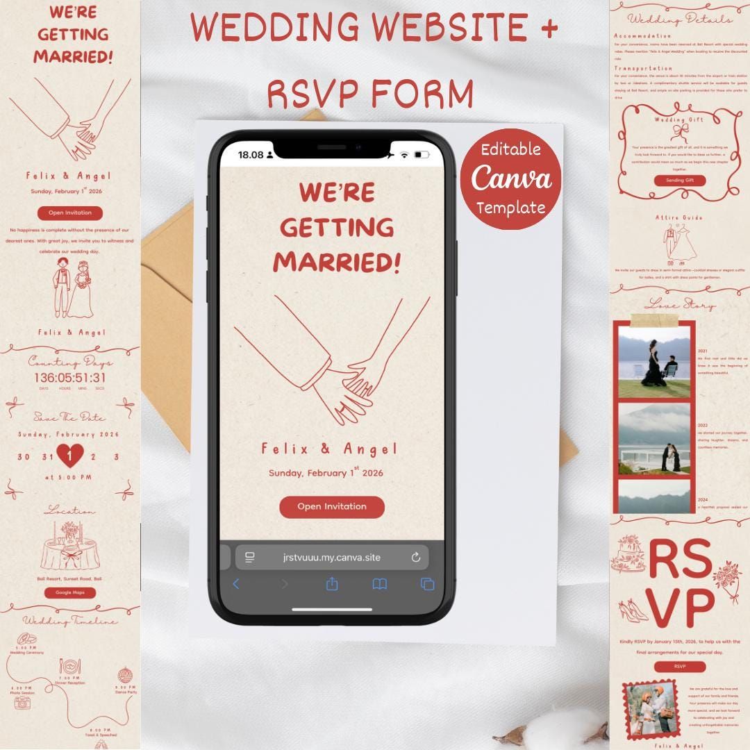 Modèle de site Web de mariage Canva modifiable : RSVP, liste de cadeaux (téléchargement numérique)
