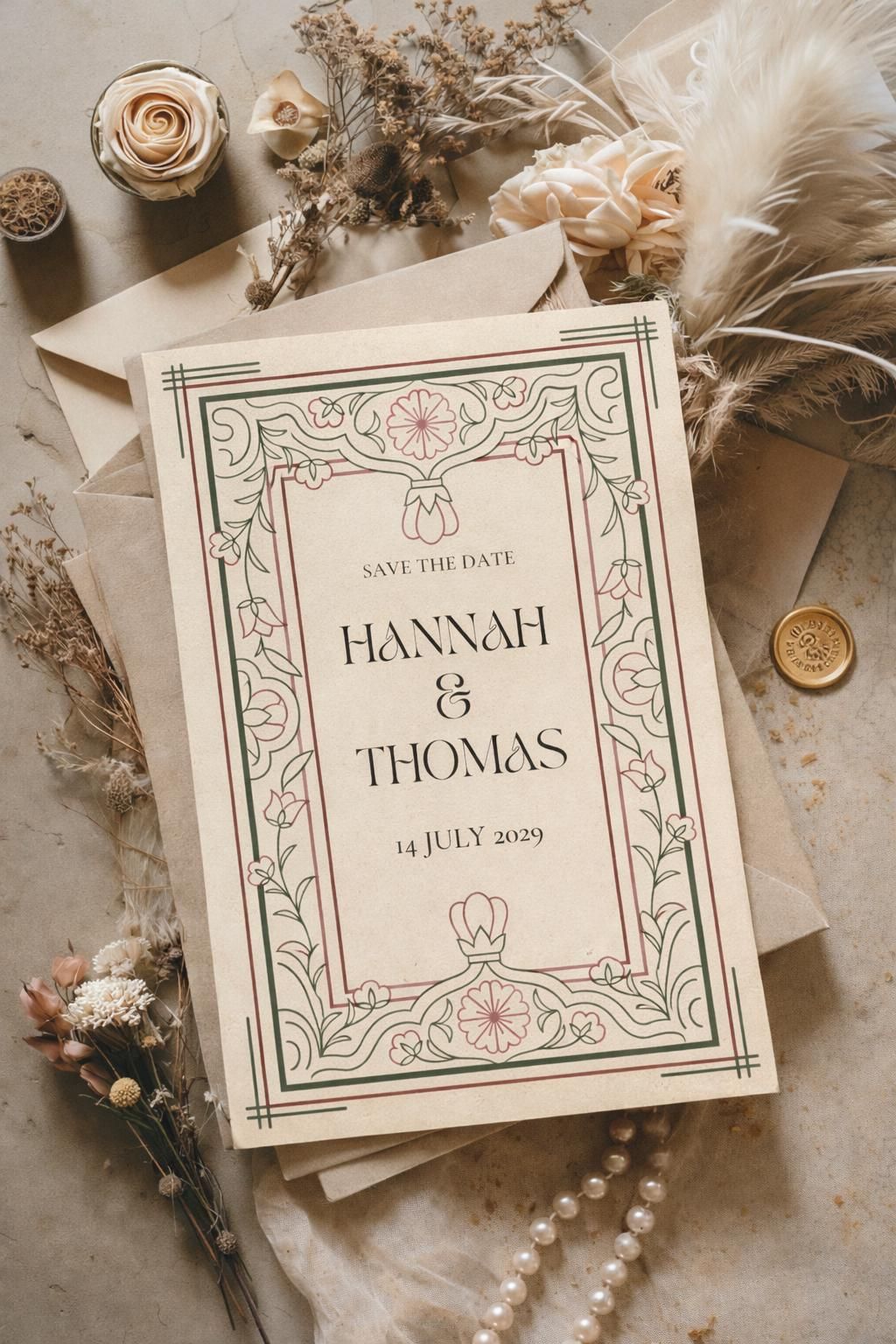 Modèle de mariage modifiable « Save the Date » pour un mariage Art nouveau des années 1920 (téléchargement numérique)