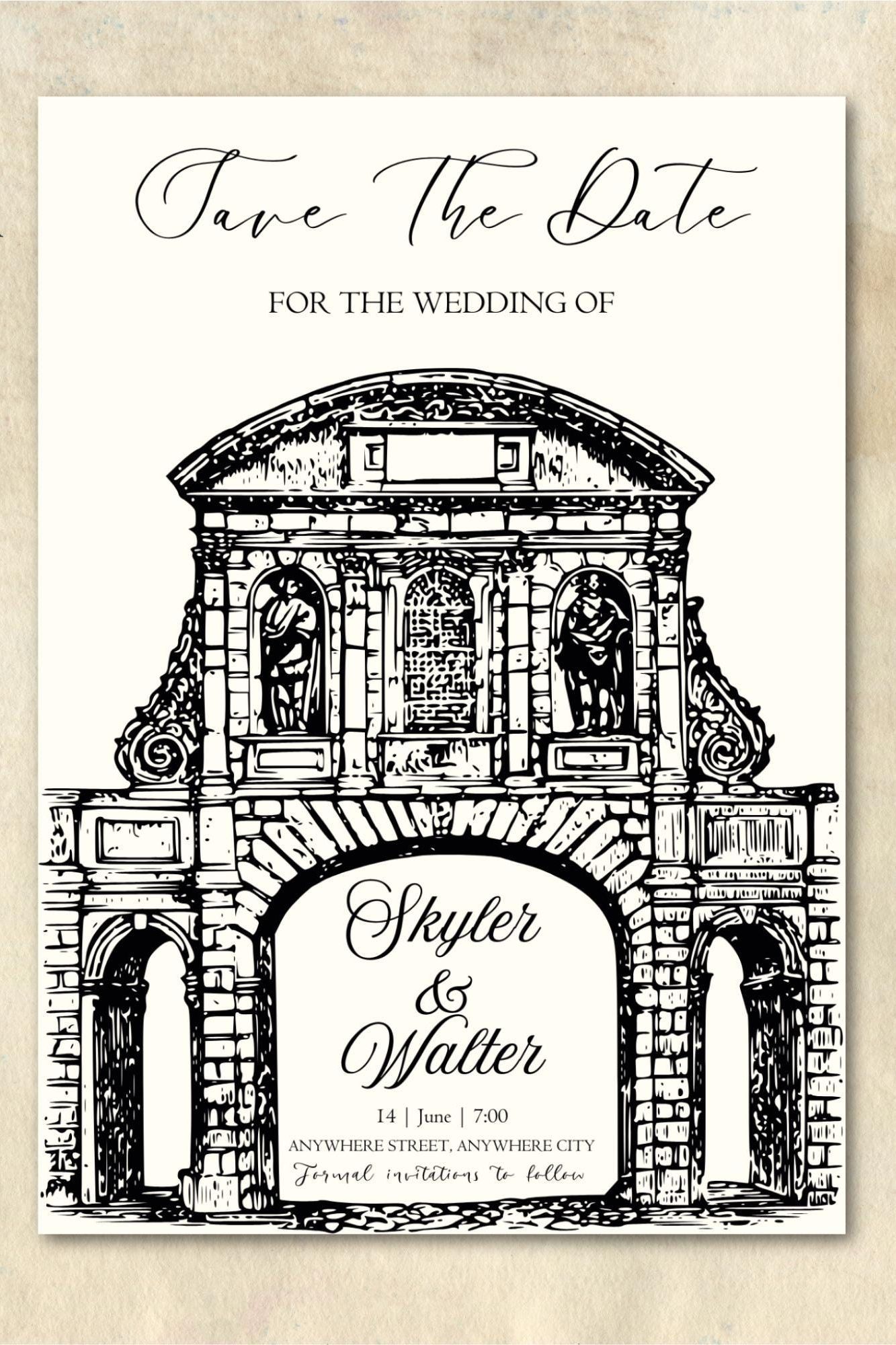 Vintage Save the Date Template: Roman Wedding Invitation (Canva Editable, 5×7, Digital Download)