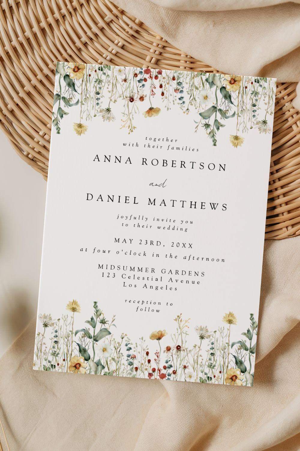 Wildflower Wedding Invitation, Rustic Invitations, Boho Wedding Suite, Whimsical Spring Template