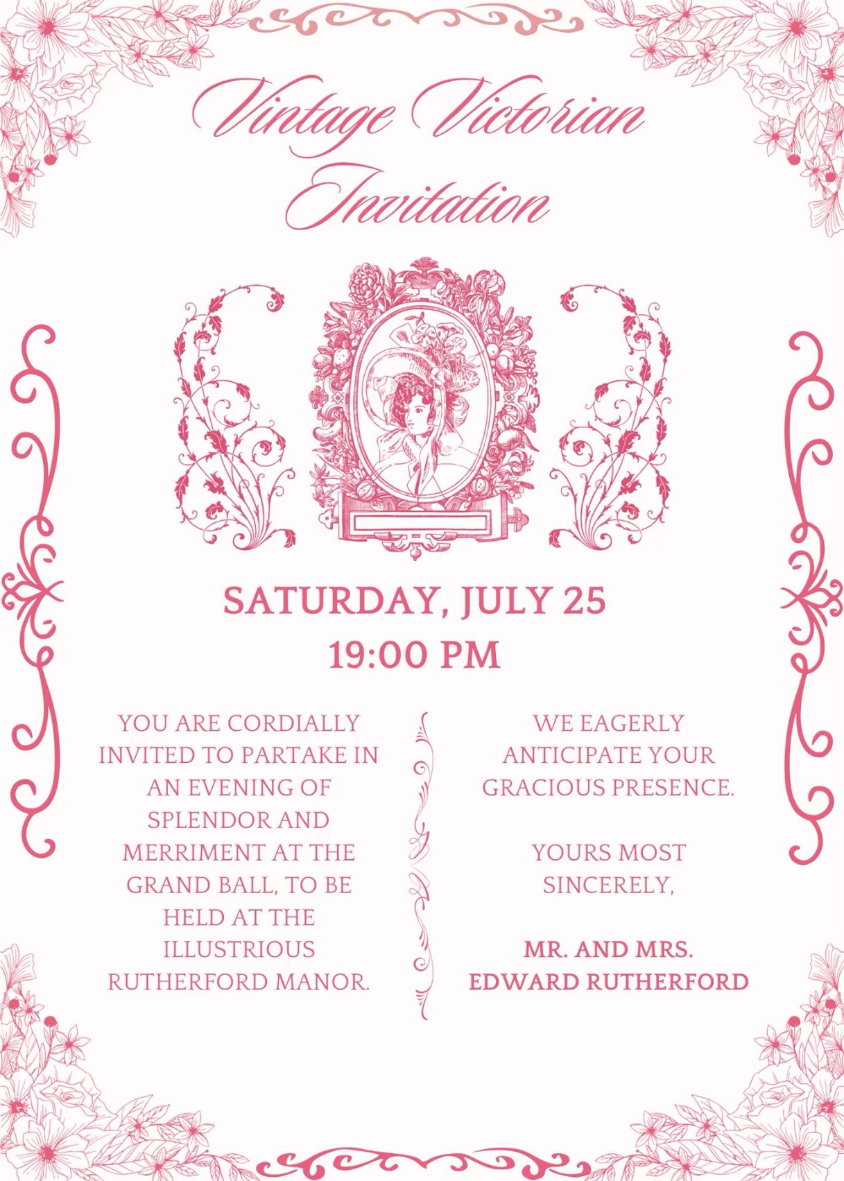 Victorian Pink Invitation Canva Customizable