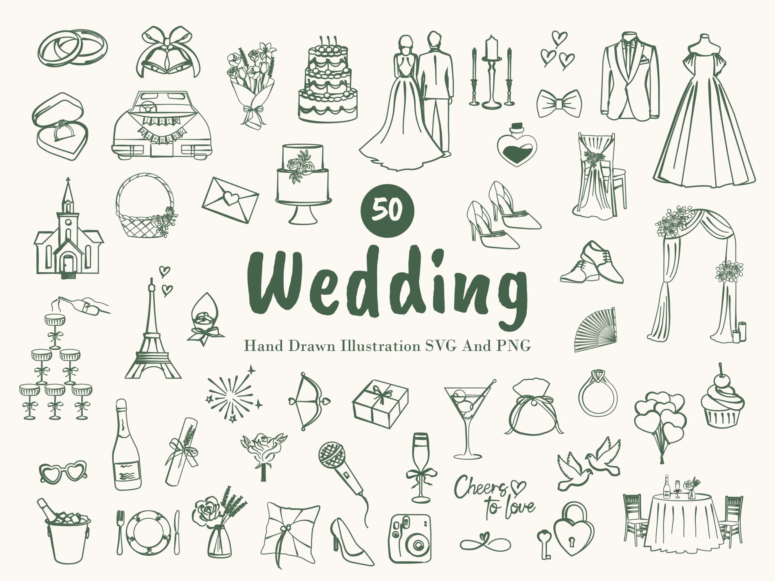 Bundle de cliparts mariage griffonnages : graphiques PNG SVG dessinés à la main