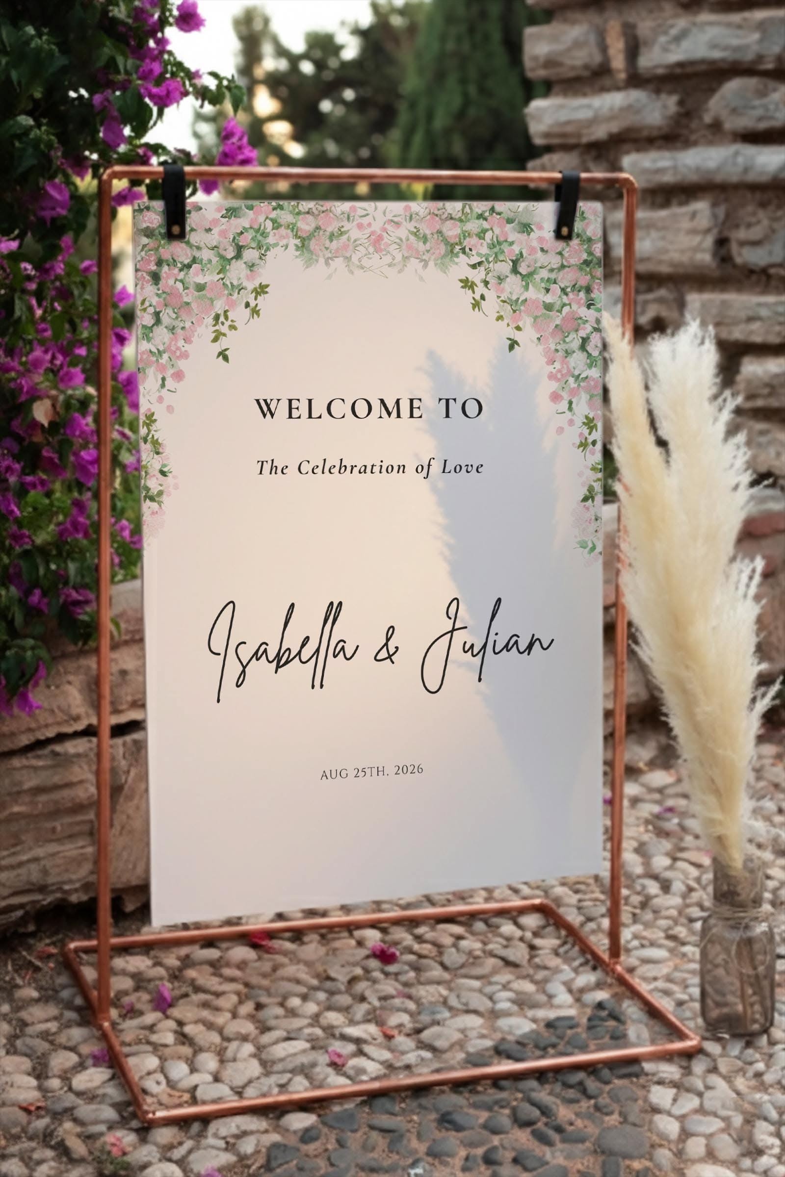 Modèle de plaque de bienvenue pour mariage floral, plaque de bienvenue fleur minimaliste, affiche de mariage moderne et élégante, grande plaque de décoration de mariage modifiable en toile