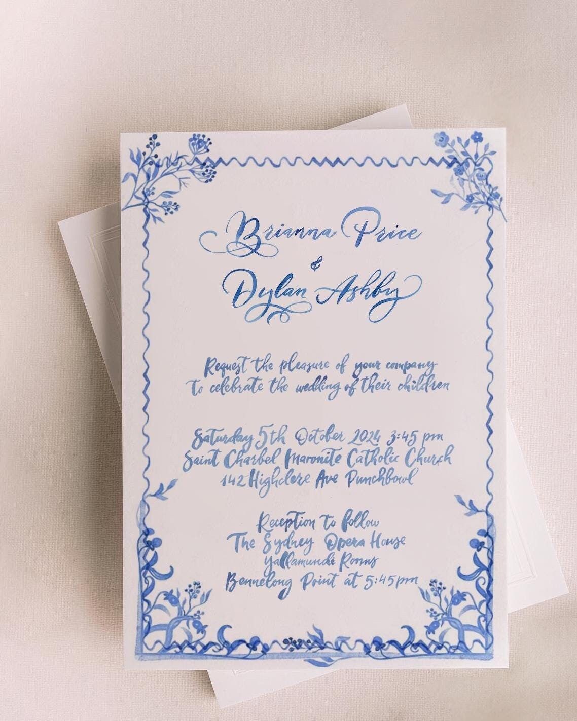 Handpainted Couple Invitation Watercolor Wedding Invite Custom Wedding Stationary Custom Hand Drawn Invitation Handwriting Font Monogram