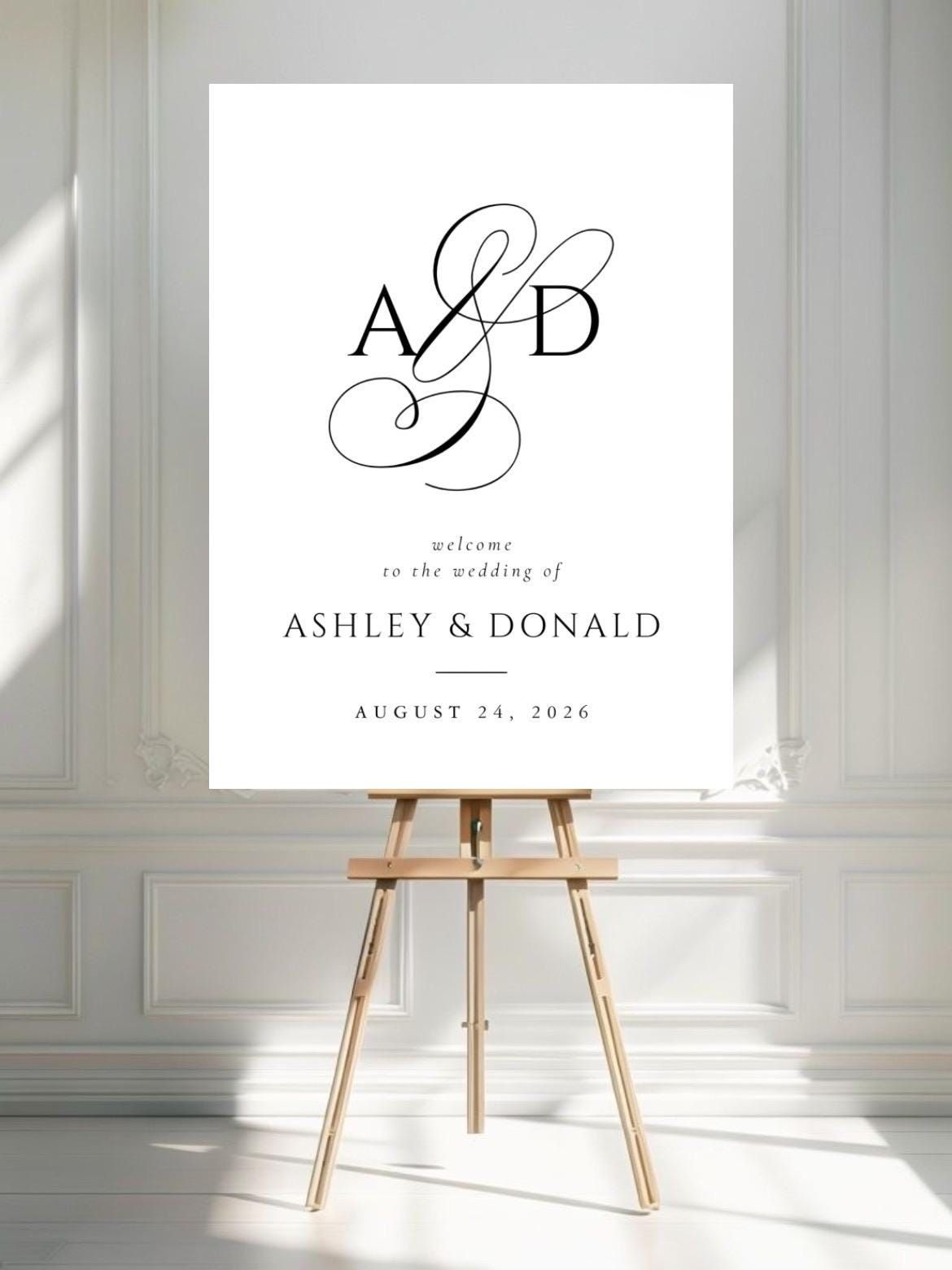 Plaque de bienvenue pour mariage monogramme — Panneau en mousse à inscription minimaliste