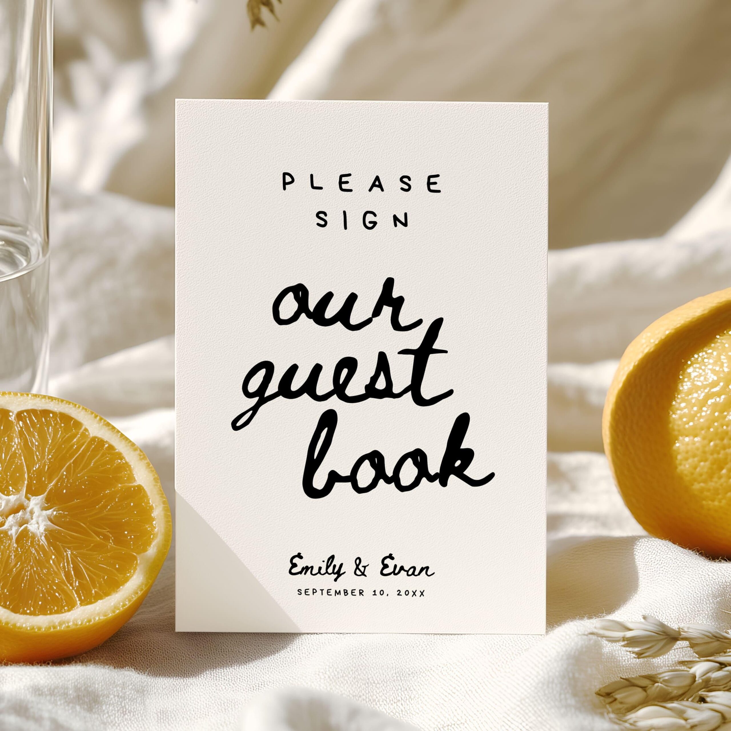 Modèle d’enseigne de livre d’or de mariage dessiné à la main, enseigne de réception de mariage, mariage illustré, EM01