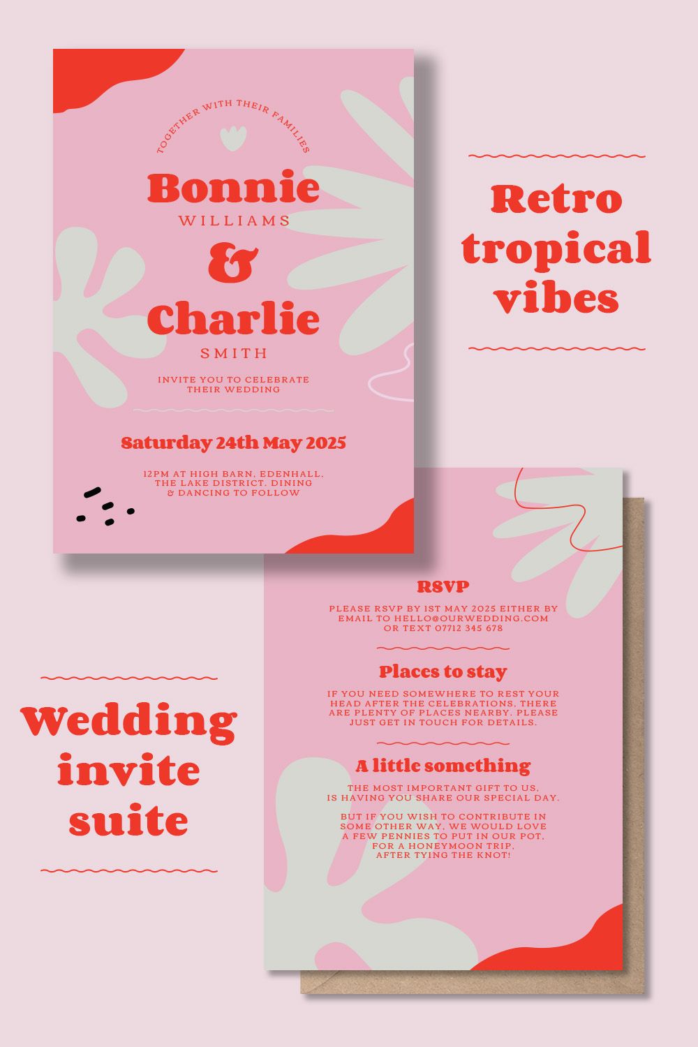 Retro 70s Wedding Invitation, Tropical Palm, Pink and Red