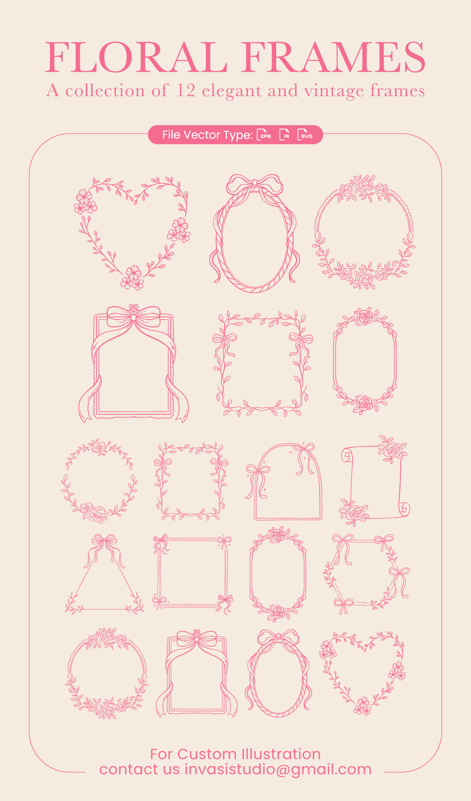 Vintage Hand-Drawn Frames | Elegant Floral & Ribbon Designs