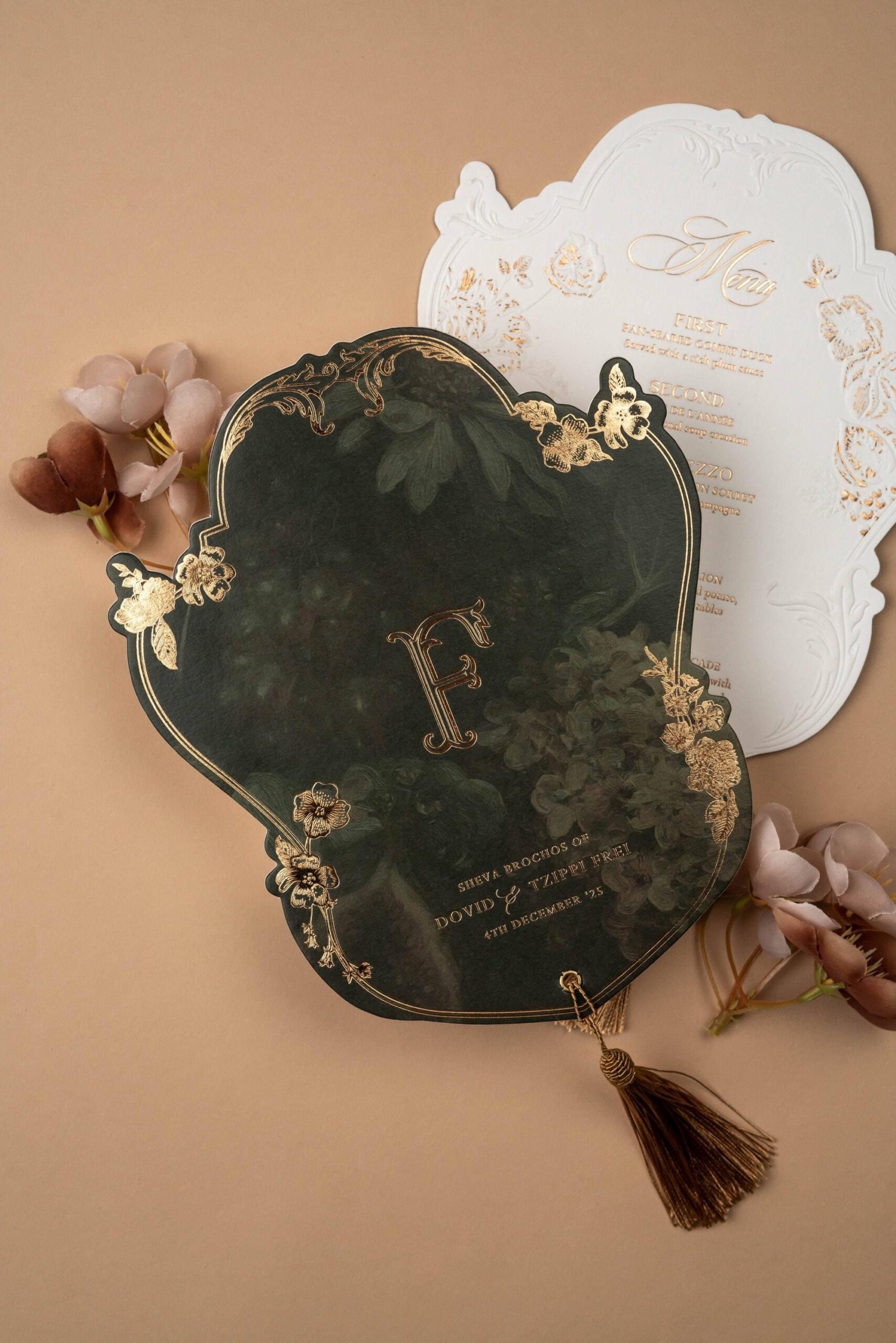 Echantillon de menu de mariage typographique — Feuille d’or, gaufrage à l’aveugle