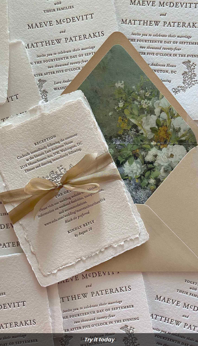 Romantic Letterpress Wedding Invitation with Bow