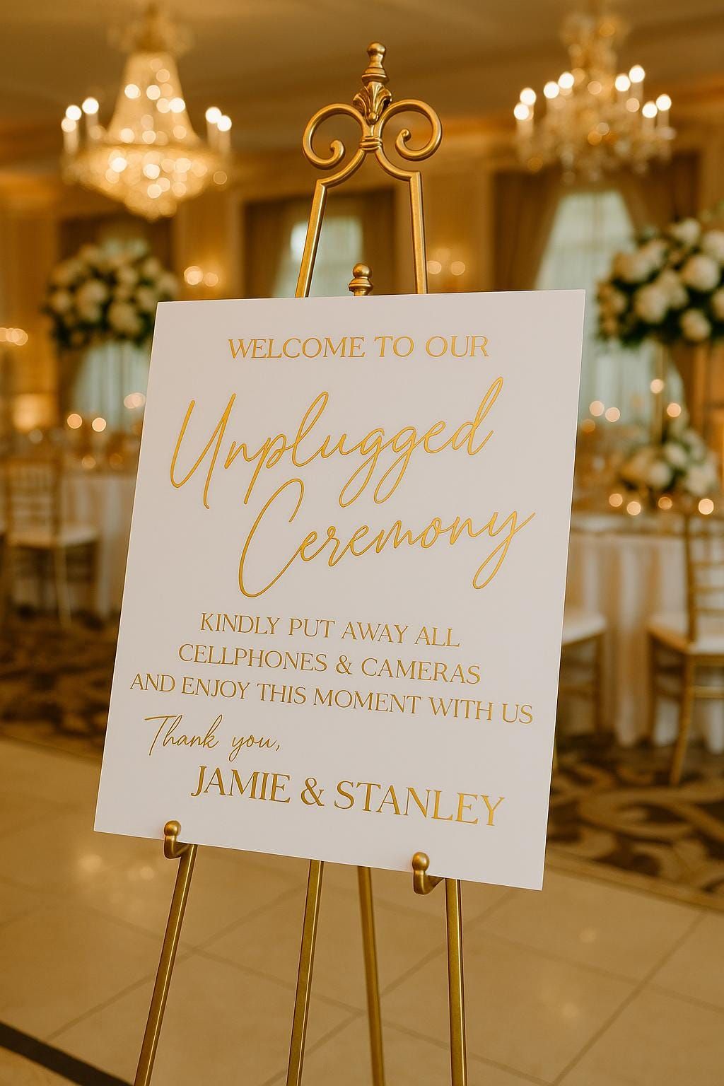 Unplugged Ceremony Wedding Sign, Acrylic with Custom Vinyl Lettering, Wedding Signage, White Acrylic, Gold Vinyl