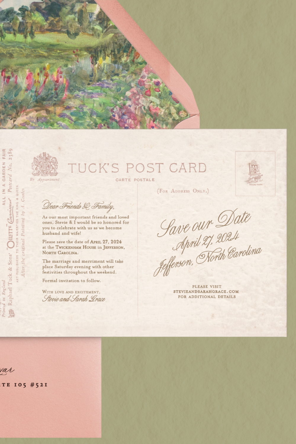 Pastel Pink Wedding Invitations with Elegant Postcard-Inspired Details