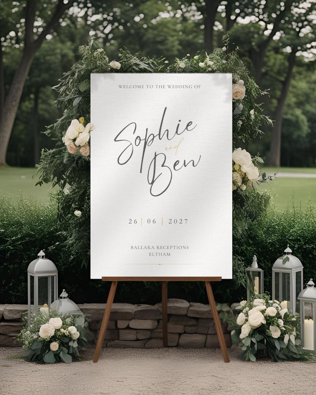 Modèle de plaque de bienvenue pour mariage élégant : design doré, téléchargement immédiat