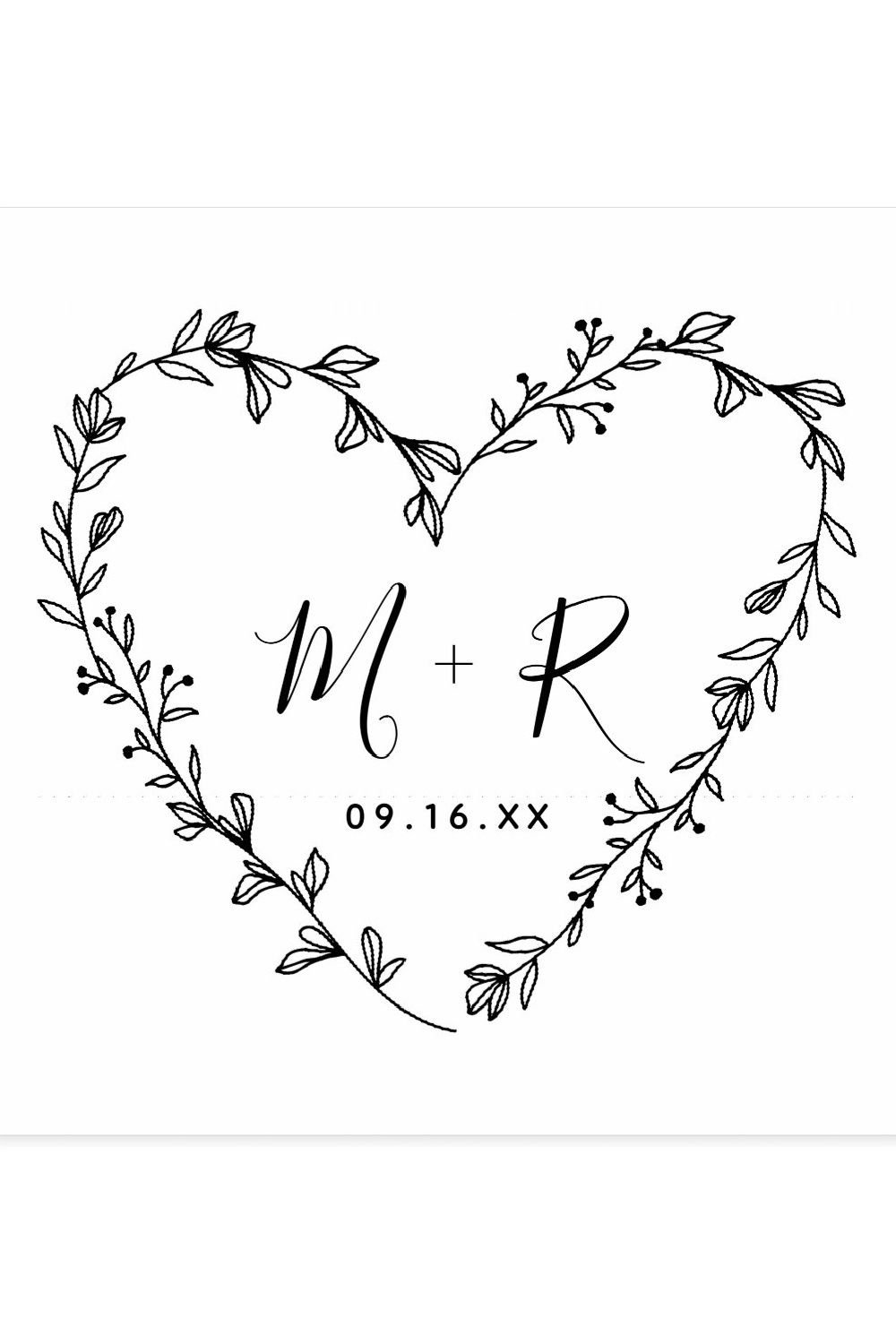 Floral Heart Wreath Calligraphy Initials Rubber Stamp