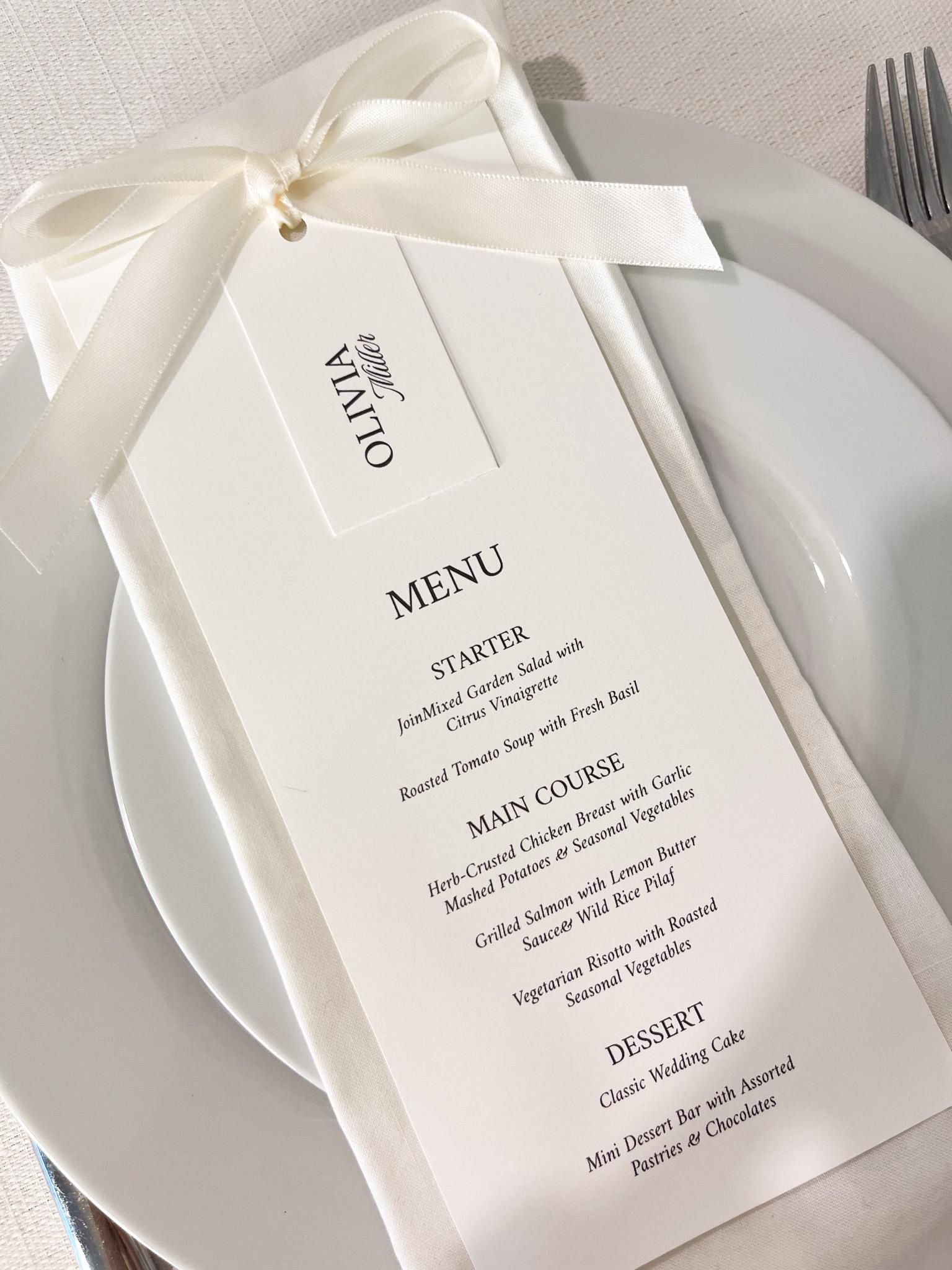 Menu de mariage élégant et modèle de marque-place : design minimaliste (téléchargement numérique, imprimable, modifiable Corjl)