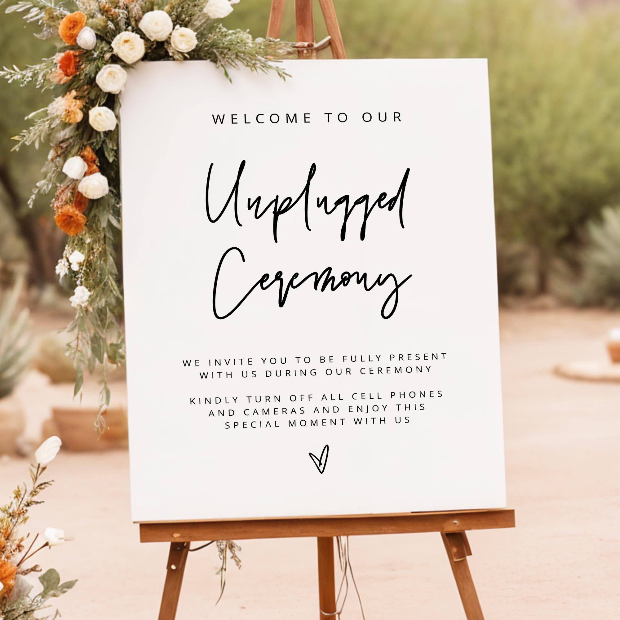 MARLO PRINTED + SHIPPED Unplugged Ceremony Sign, Unplugged Wedding Ceremony Signage, Modern Minimalist Sign, Boho No Pictures Sign No Phones