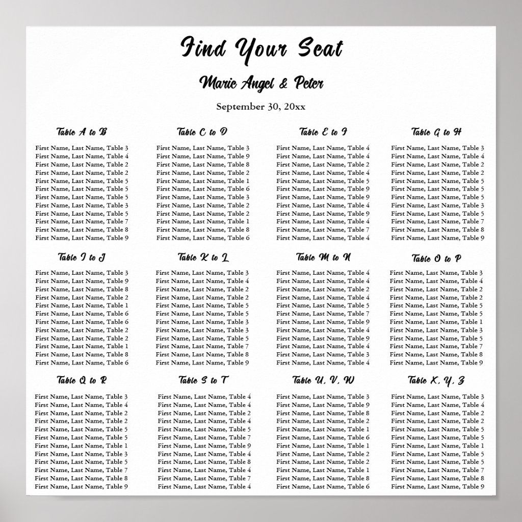 Minimalist Elegant ABC Typography Seating Plan Poster | Zazzle