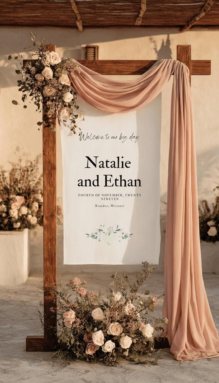 Bannière de mariage personnalisée pour cérémonie en plein air, panneau de bienvenue avec nom et date