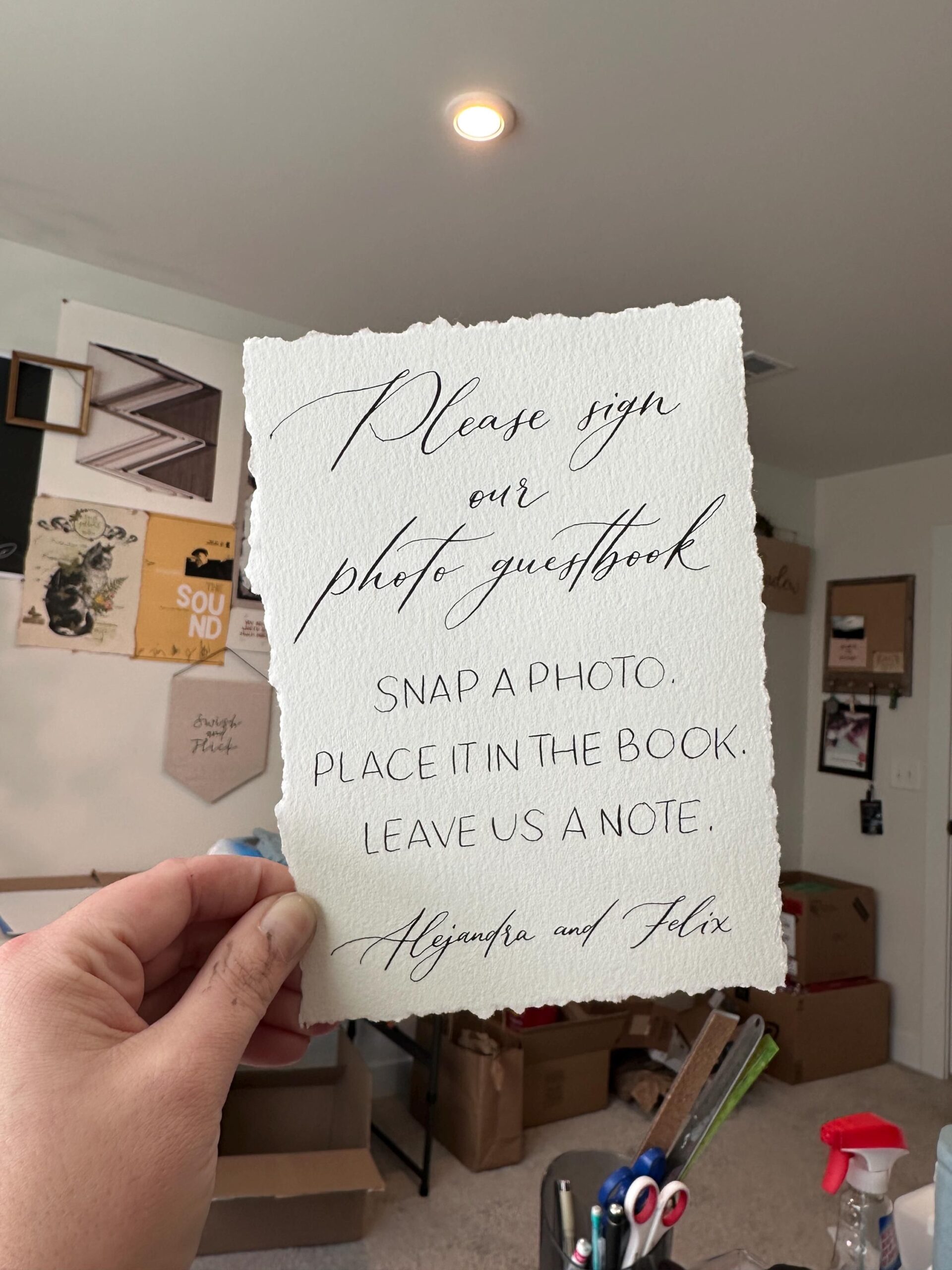 Hand torn deckled edge photo guest book sign on paper, calligraphy on paper for weddings and events, custom calligraphy on hand made paper