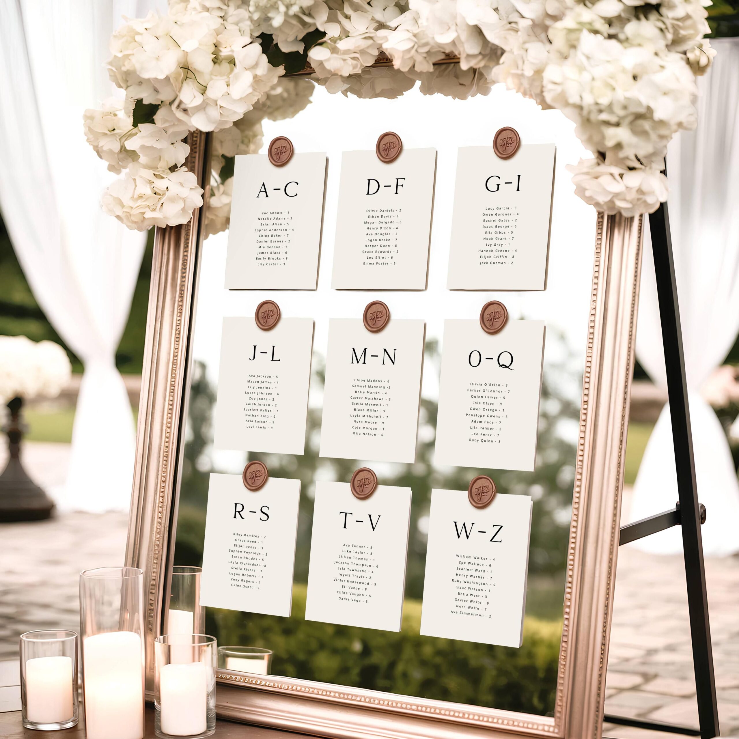 Modèle de plan de table par ordre alphabétique ELLIE, cartes de plan de table avec miroir élégant imprimables, petite table de mariage
