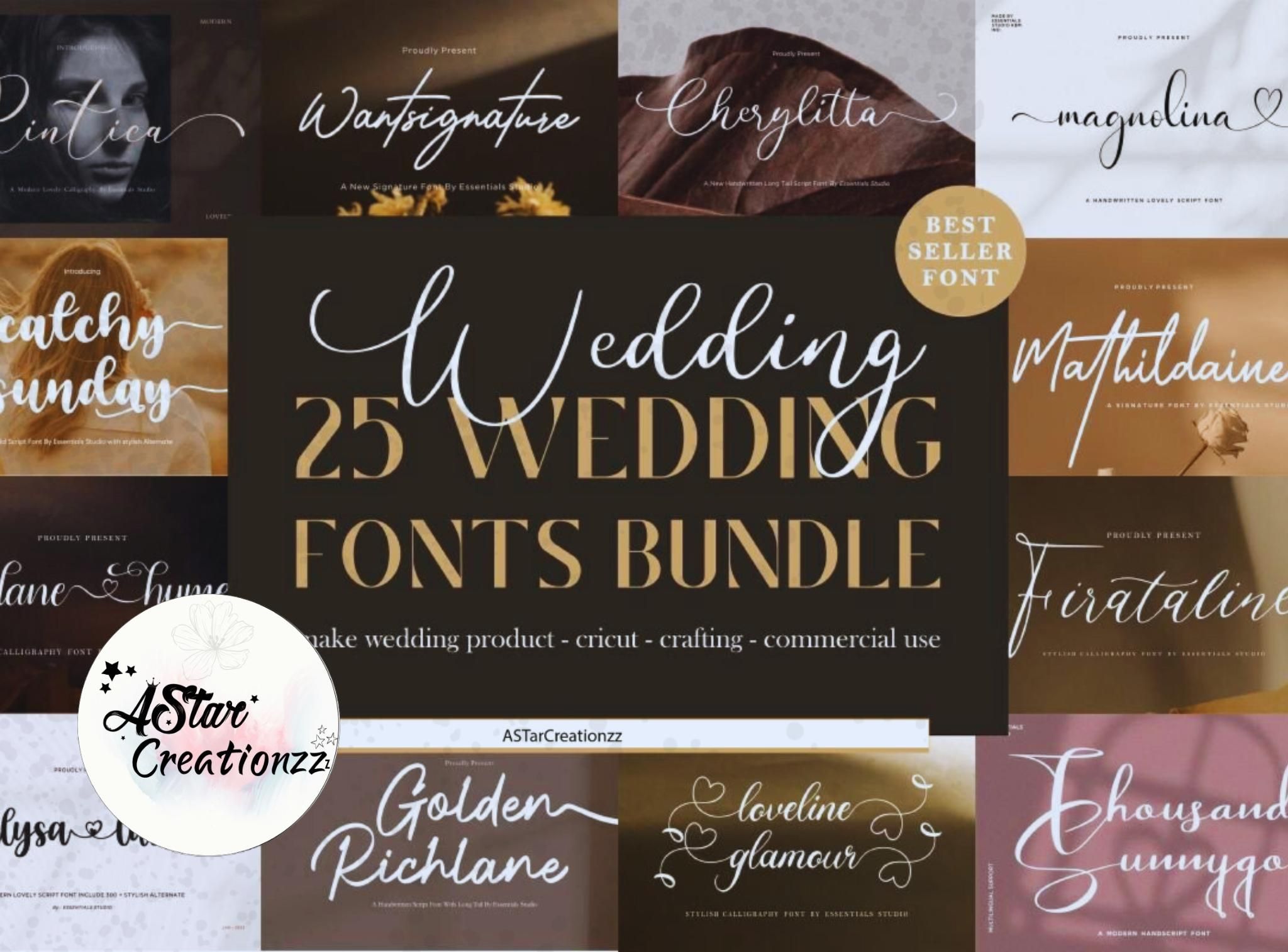 Lot de polices de calligraphie de mariage : 25 polices de caractères élégantes, usage commercial