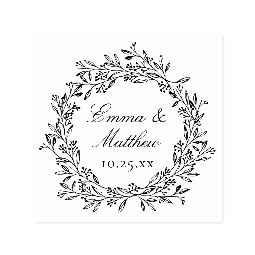 Rustic Botanical Wreath Wedding Logo Monogram Self-inking Stamp