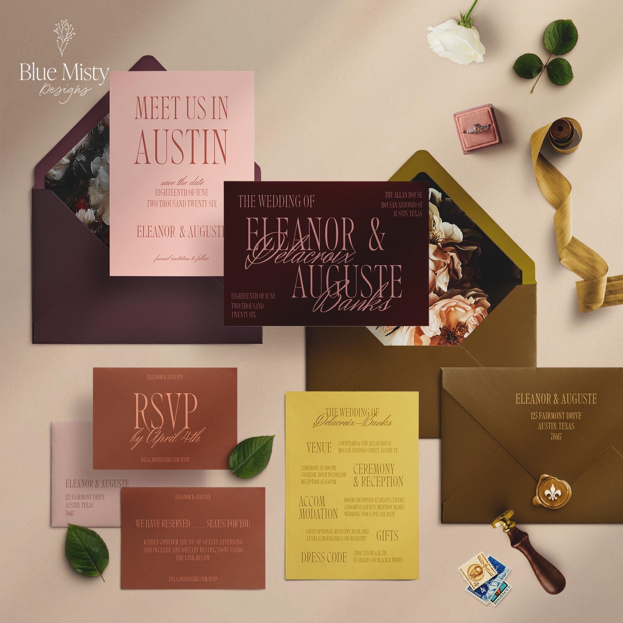 Faire-part de mariage de style éditorial, Moderne, Audacieux, Branché, Papeterie de mariage tendance, Thème de mariage coloré, Toile modifiable, INW20