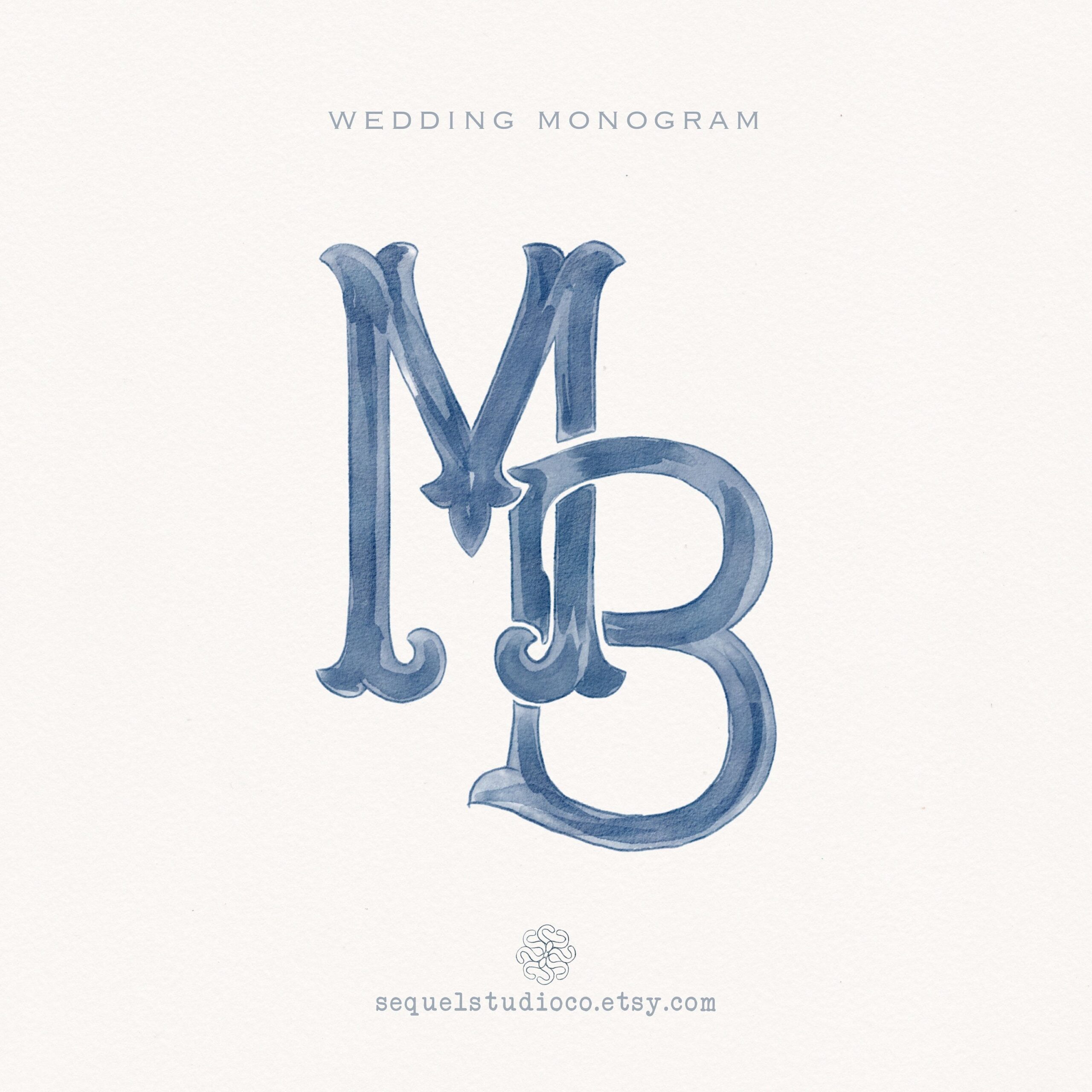 M-B Monogram letters for Wedding Crest, Diagonal Monogram Style, Watercolor Monogram