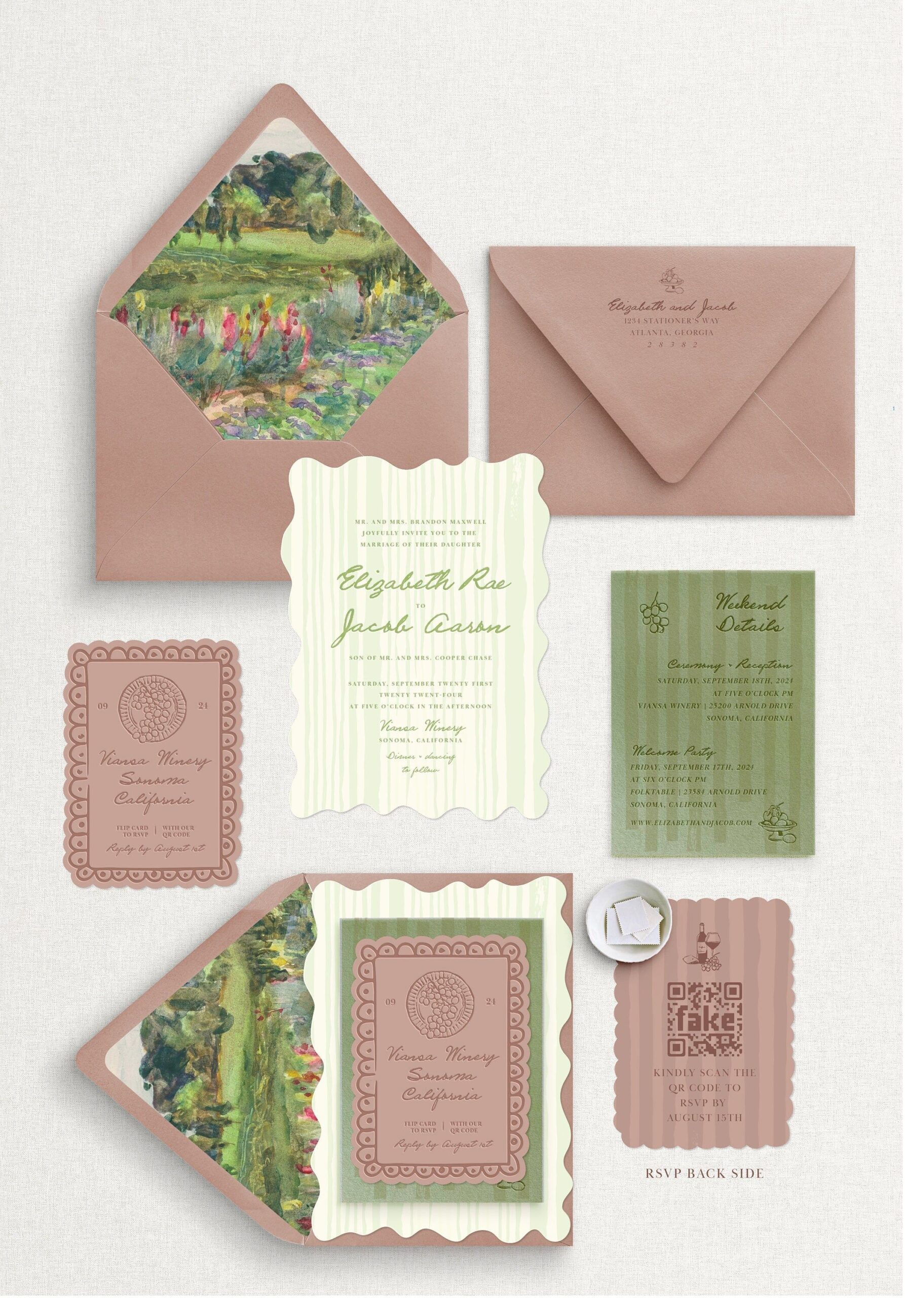 Elegant Vineyard Letterpress Wedding Invitations — Sophisticated, Timeless, Romantic Suite