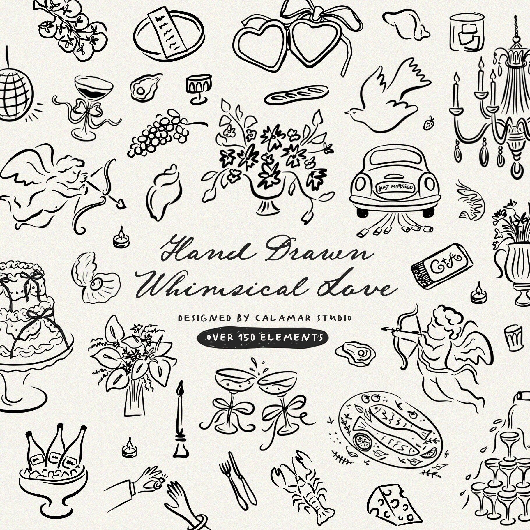 Ensemble de cliparts mariage fantaisiste, illustrations SVG mariage, icônes. et gribouillages pour faire-part de mariage, bordures ondulées gribouillis