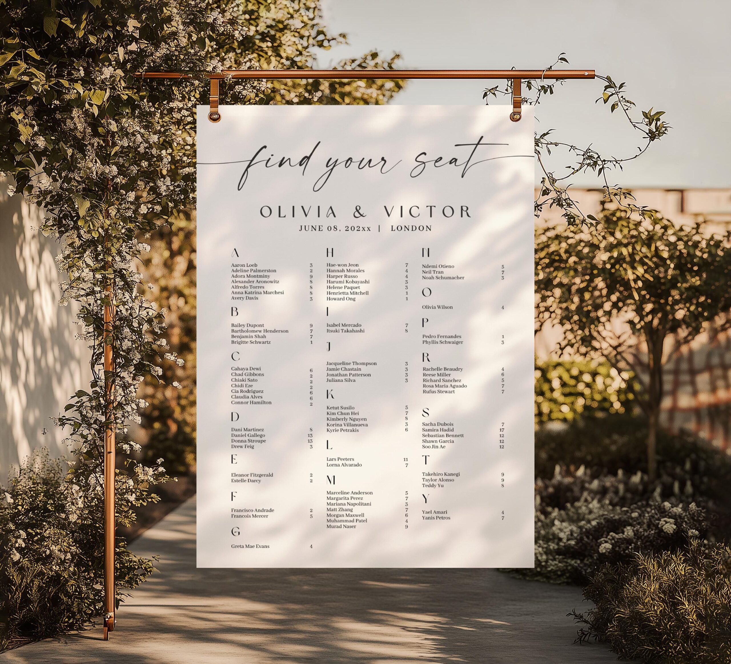 Plan de table par ordre alphabétique, modèle minimal de plan de table pour mariage, panneau alphabétique du plan de table, plan de salle modifiable élégant, D1