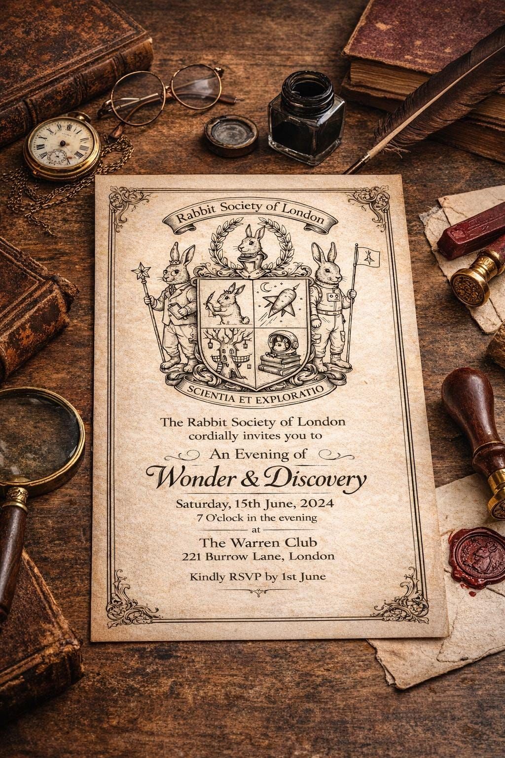 Faire-part personnalisée — style société scientifique vintage, faire-part illustré | Personnalisé | Fichier numérique