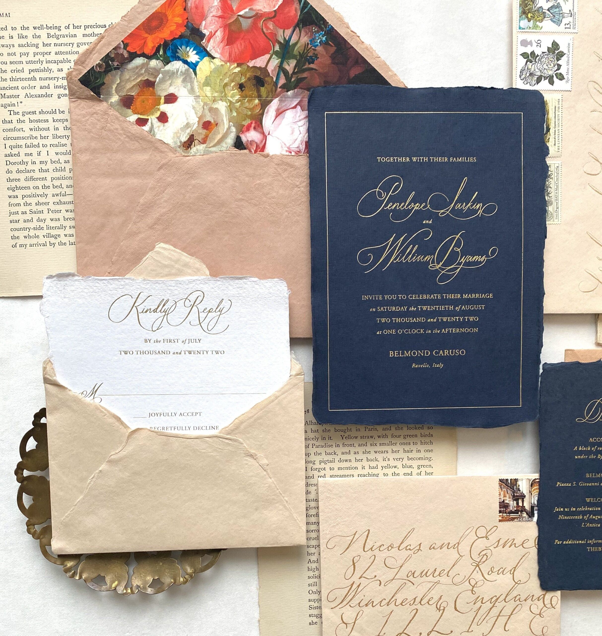 Luxury Gold Foil Wedding Invites: Premium Deckle Edge Suite on Handmade Paper, Classic Design with custom calligraphy, Sample Set